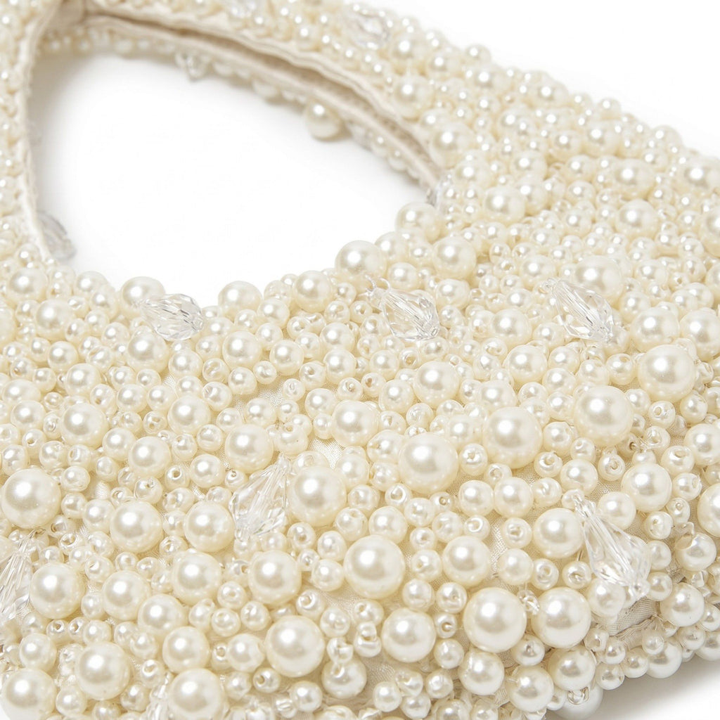 Faux Pearl Embellished Shoulder Bag with Crystal Accents Hand Beaded Crescent Handbag 10x2x13.7 in