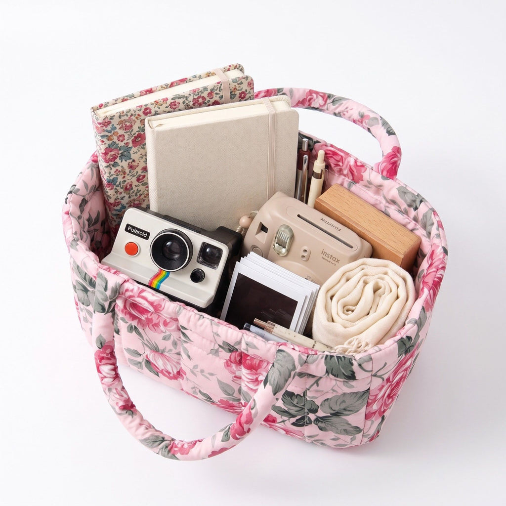 Quilted Floral Storage Basket with Handles