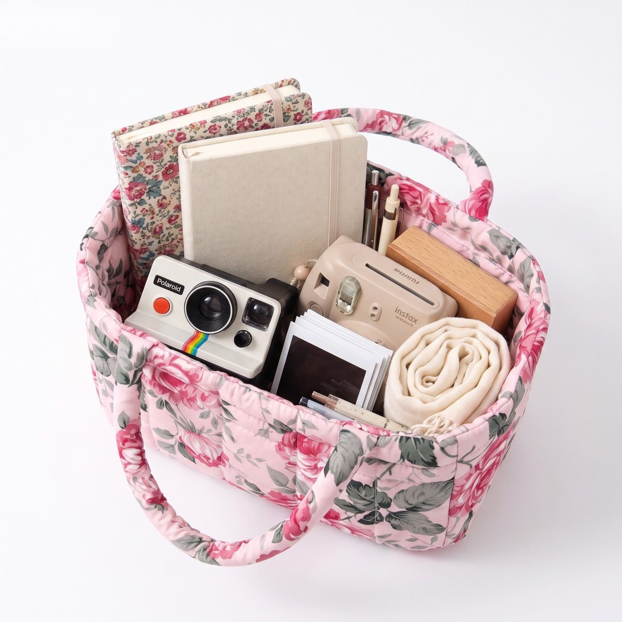 Quilted Floral Storage Basket with Handles