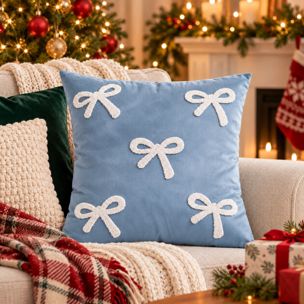 1 Piece Decorative Bow Throw Pillow Cover Soft Velvet Christmas Accent 18 x 18 Inch