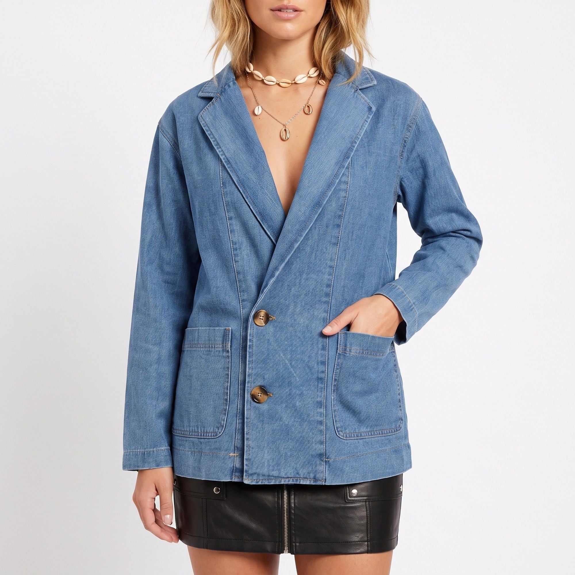 Denim Blazer Jacket Long Sleeve Button Front Jean Coat with Patch Pockets