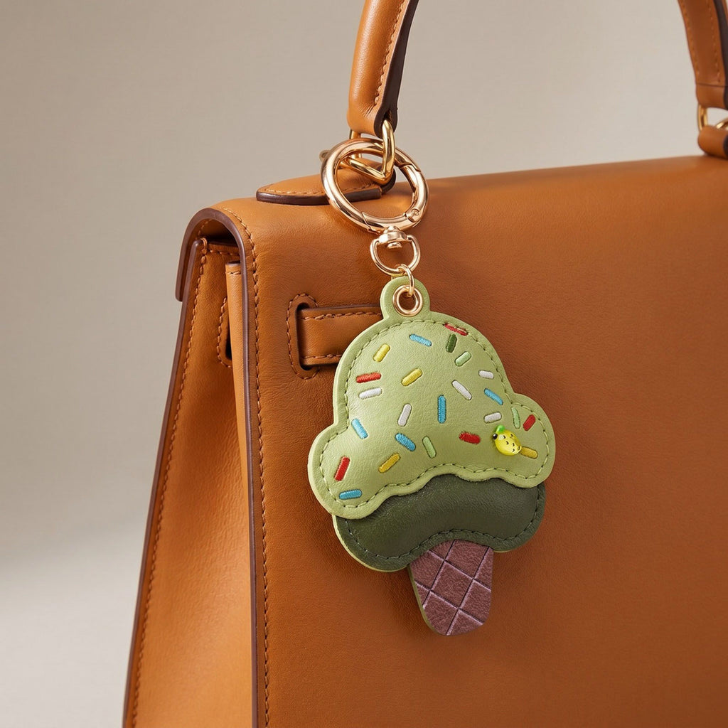 Ice Cream Cone Bag Charm with Colorful Sprinkles and Gold Tone Clip