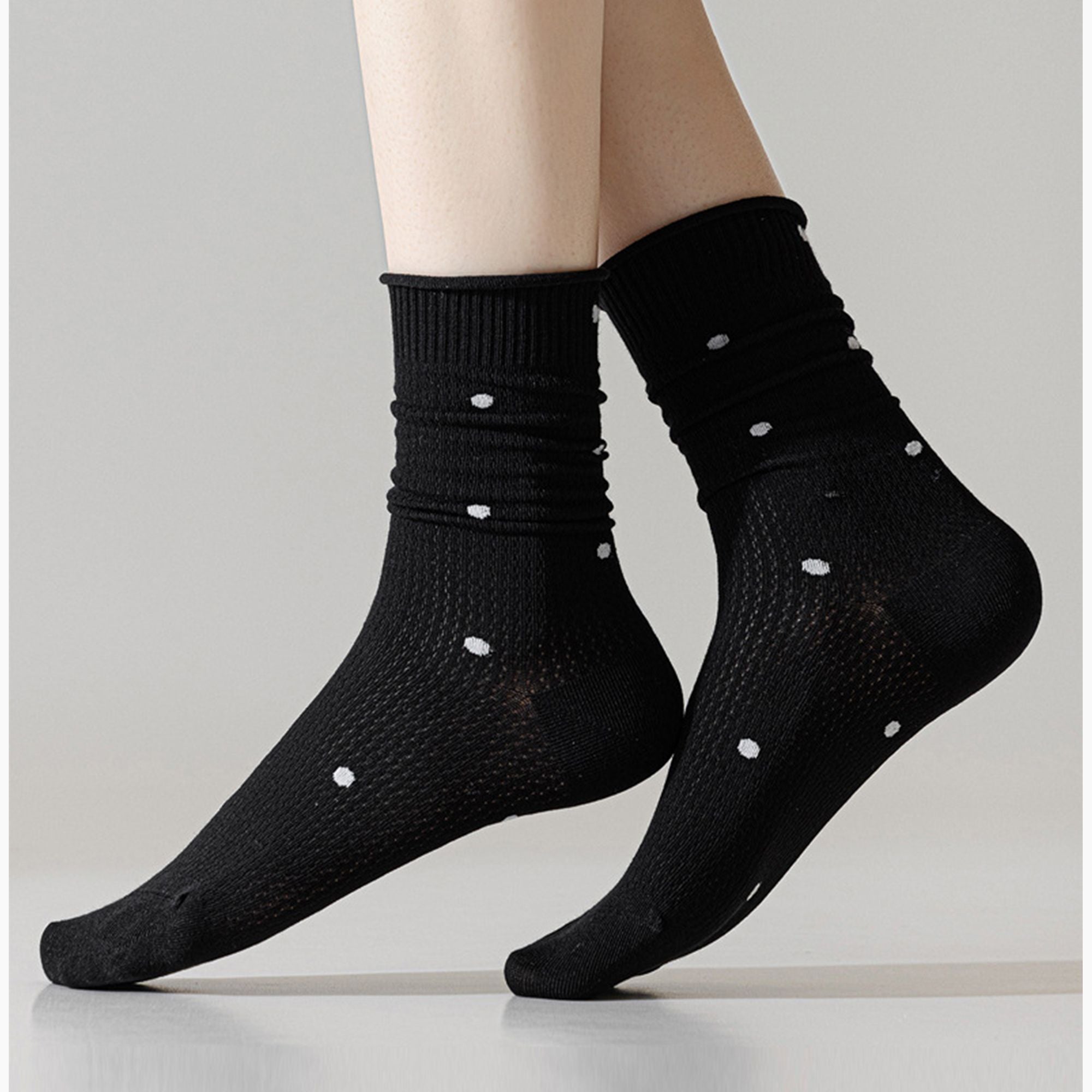 Anna-Kaci 4-Pair Lightweight Mesh Polka Dot Crew Socks with High-Stretch Cuffs