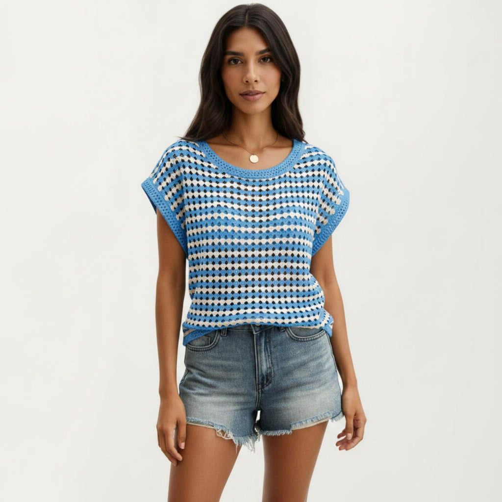Anna-Kaci Women's Short Sleeve Striped Crochet Knit Top with Open Stitch Texture and Relaxed Fit