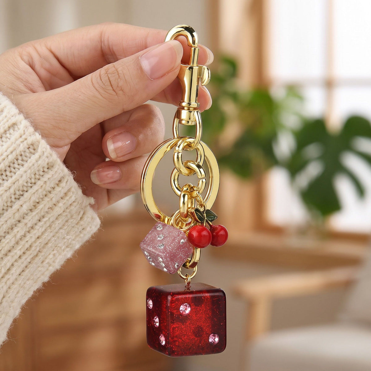 Dice and Cherry Bag Charm Keychain with Lobster Clasp