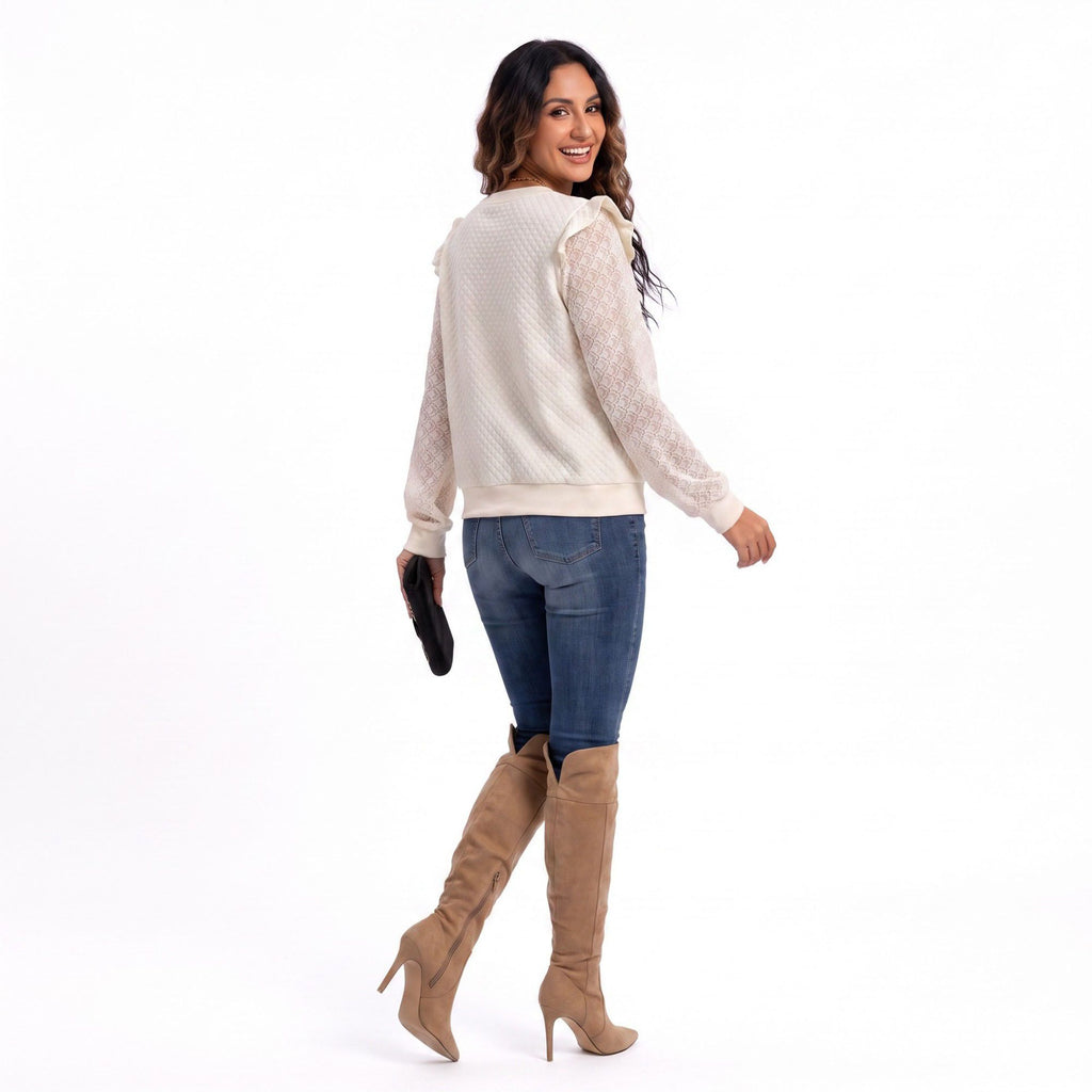 Lace Sleeve V Neck Quilted Ruffle Shoulder Top