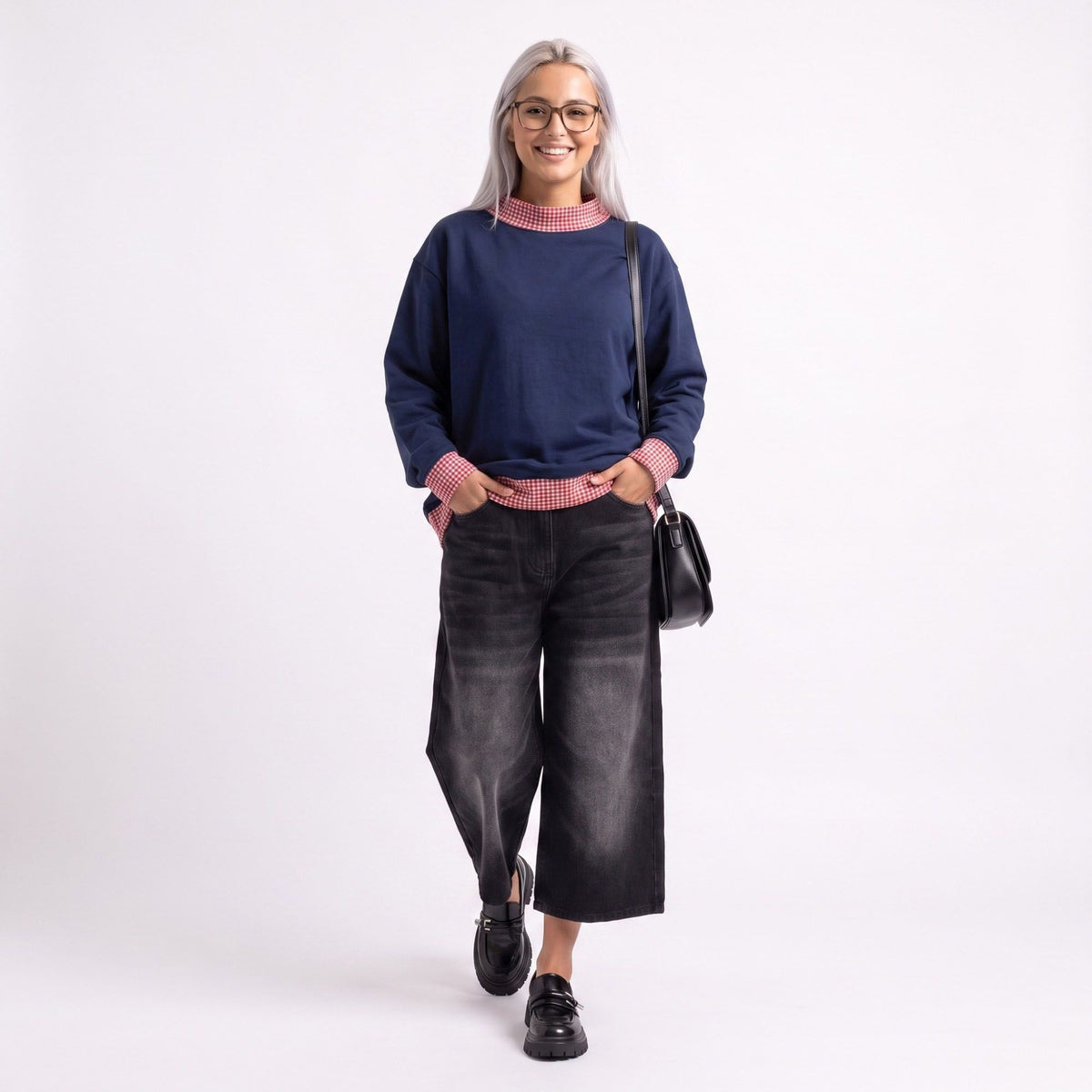 Long Sleeve Contrast Trim Sweatshirt with Polka Dot Details