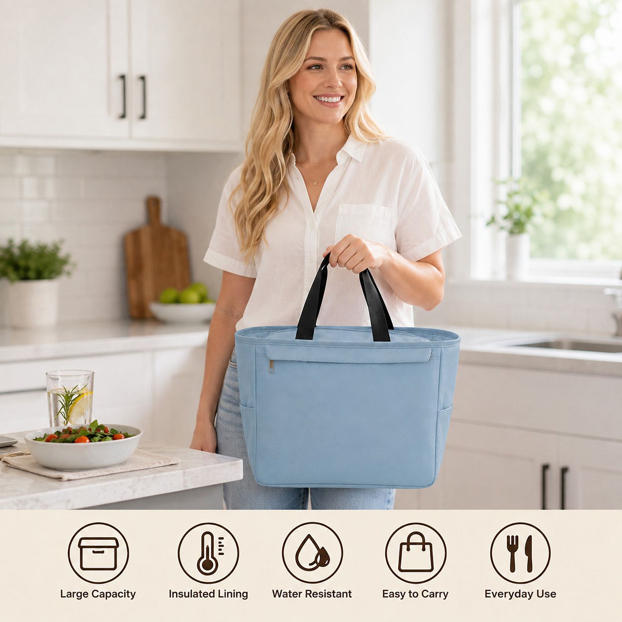 Insulated Tote Lunch Bag with Zipper Pockets and Long Handles