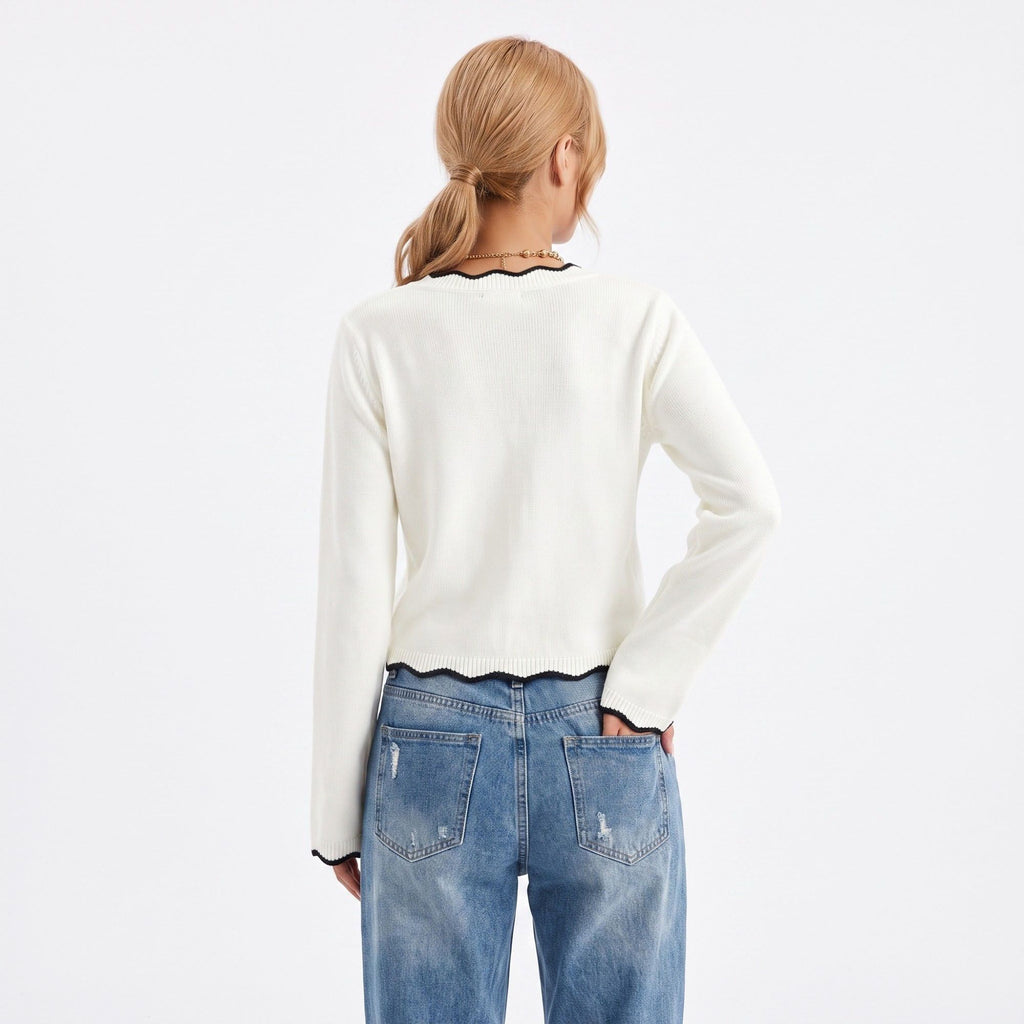 Contrast Trim V Neck Sweater Flare Sleeve Scalloped Hem Knit Pullover
