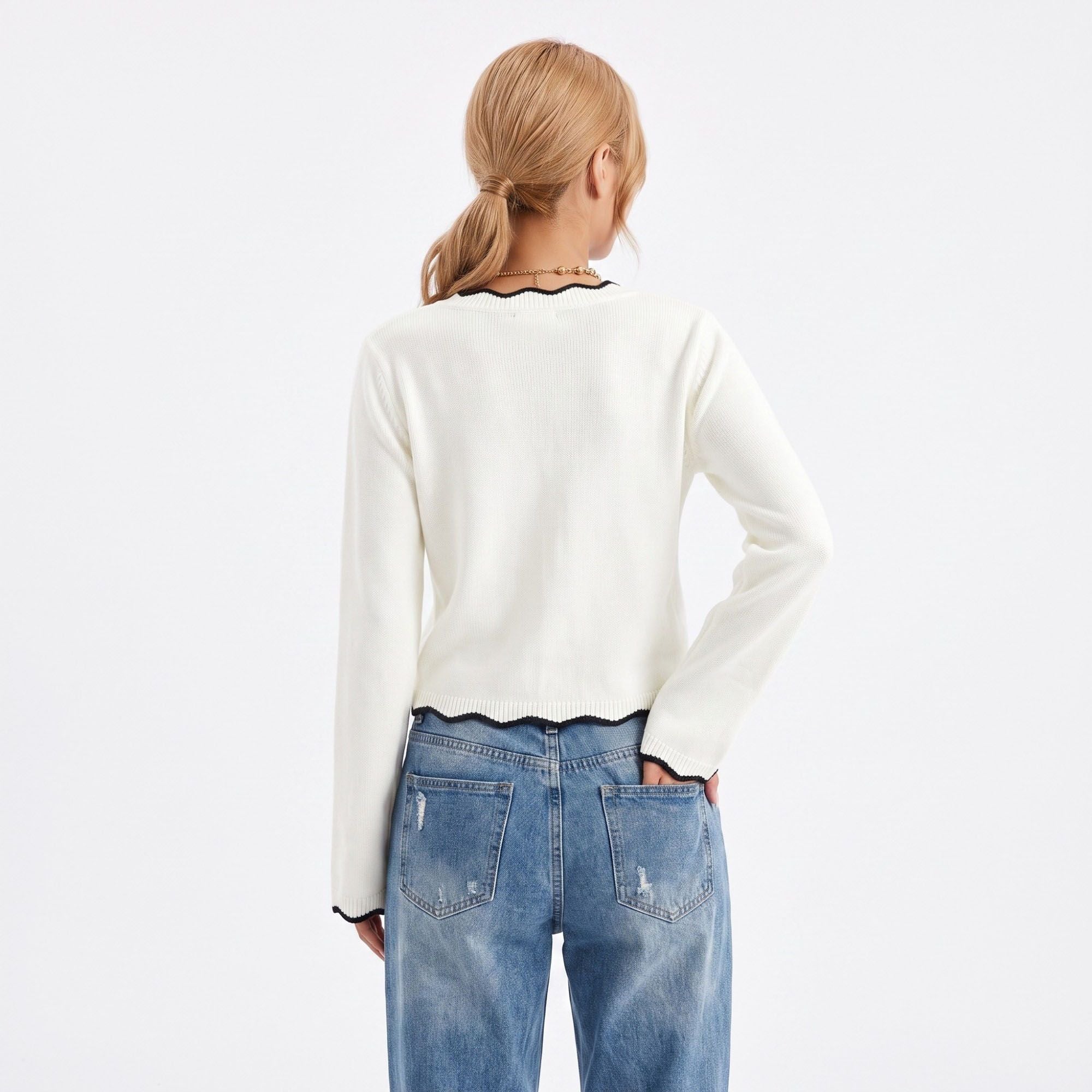 Contrast Trim V Neck Sweater Flare Sleeve Scalloped Hem Knit Pullover