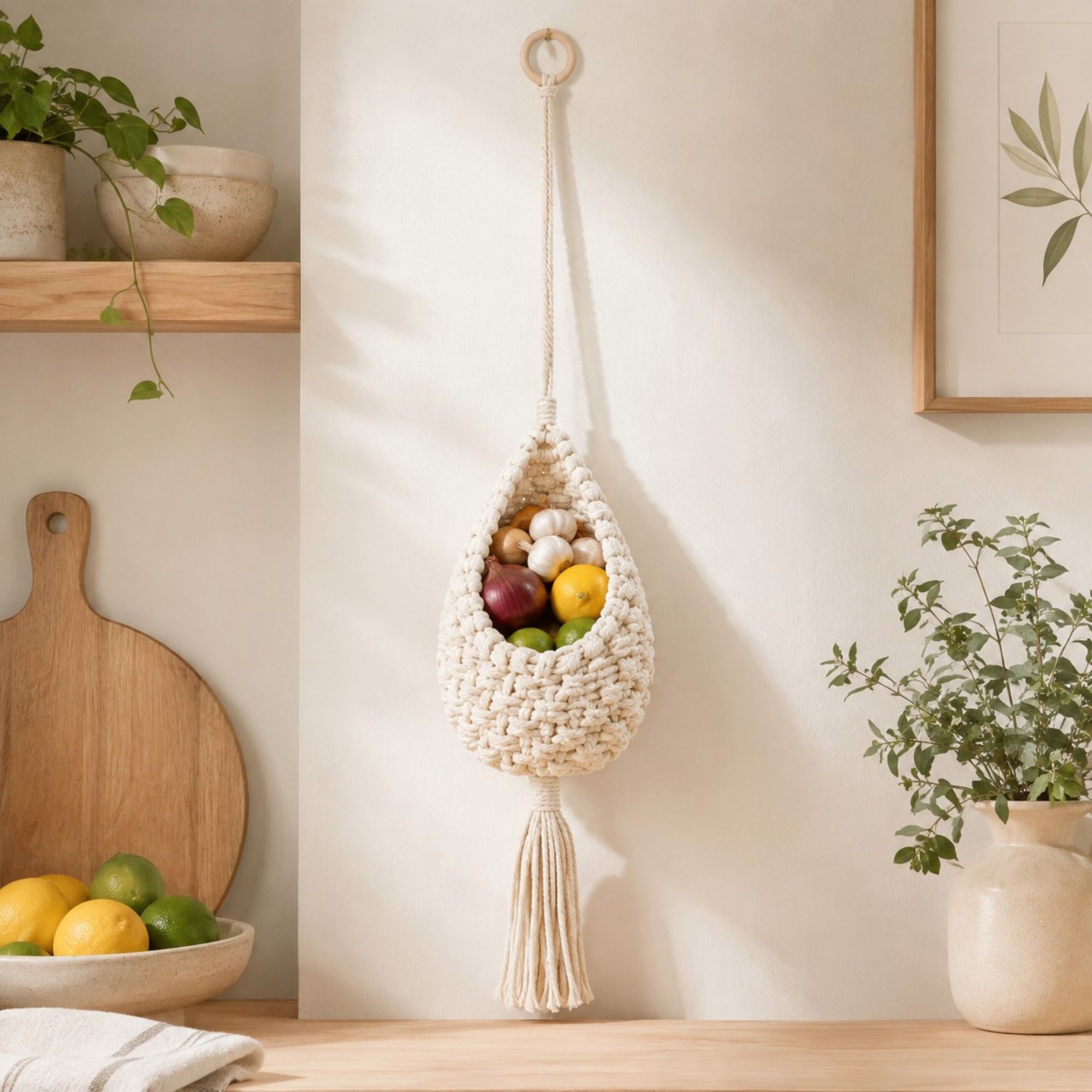 Macrame Hanging Basket with Wood Ring Tassel for Plant and Home Storage