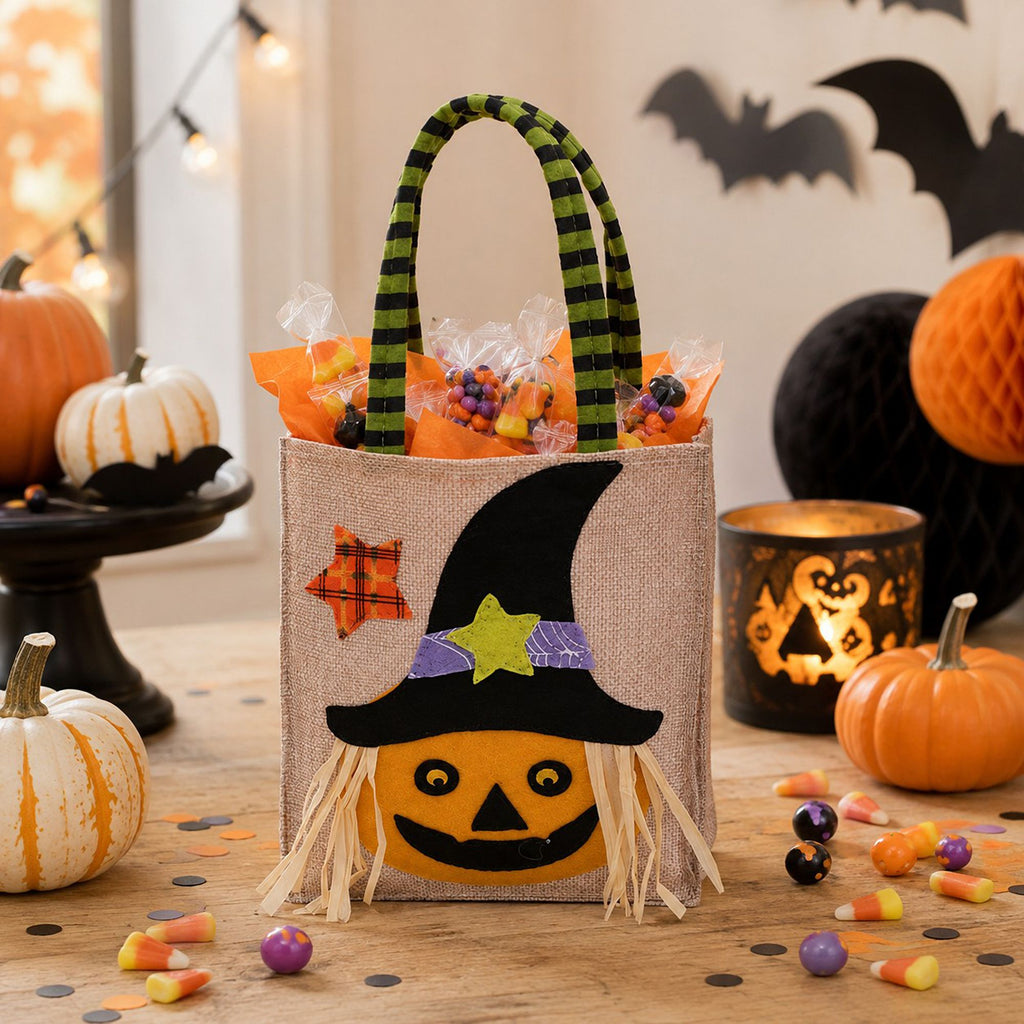 Halloween Burlap Trick or Treat Tote Bag with Character Applique