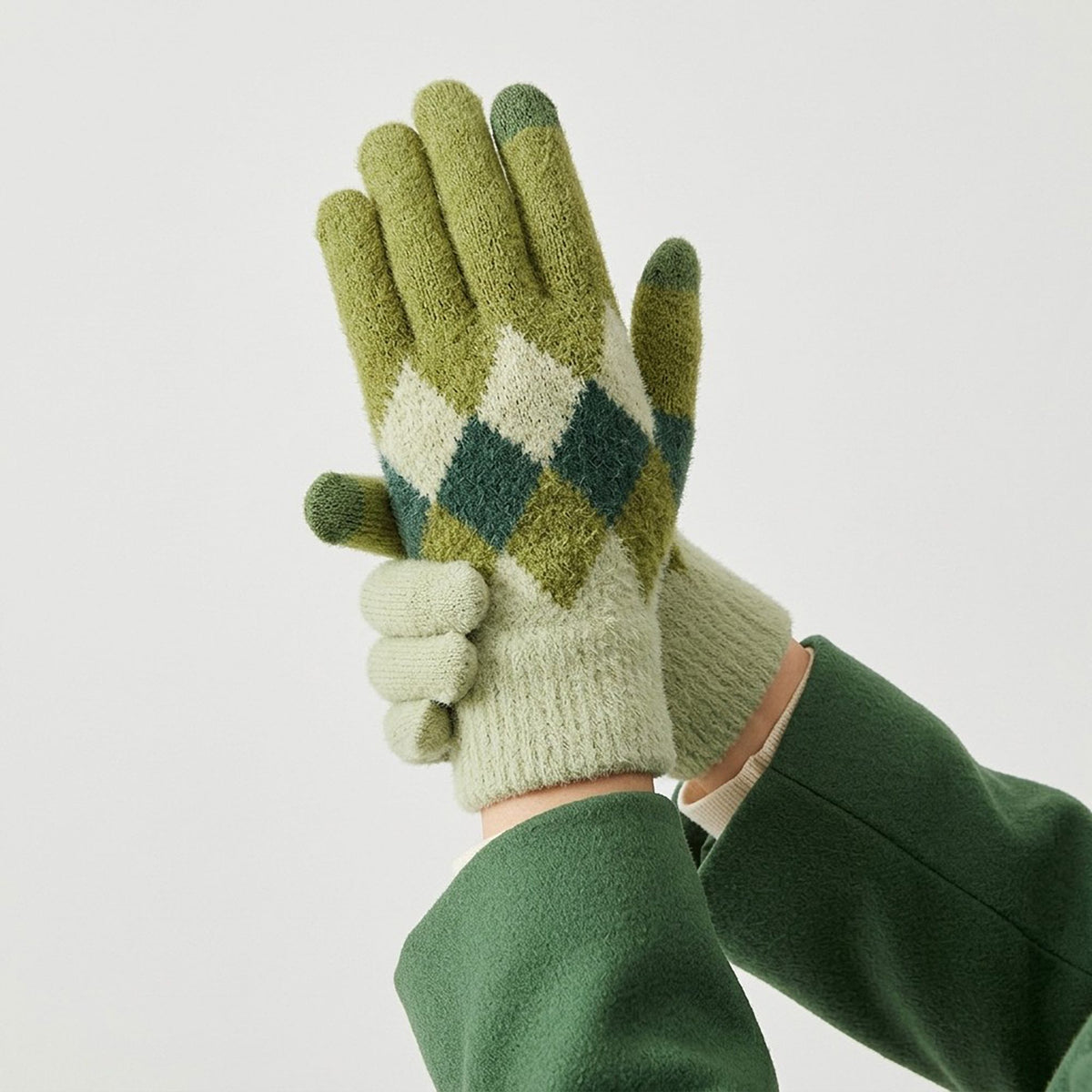 Fuzzy Argyle Touchscreen Gloves for Cold Weather