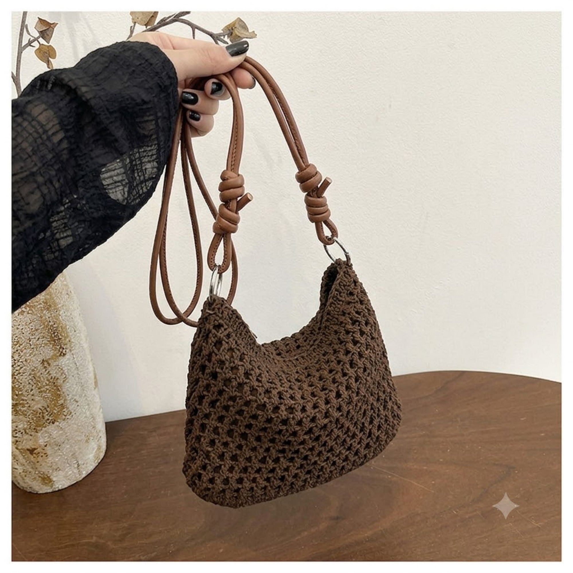 Women's Woven Net Shoulder Bag with Long Strap and Zipper Closure