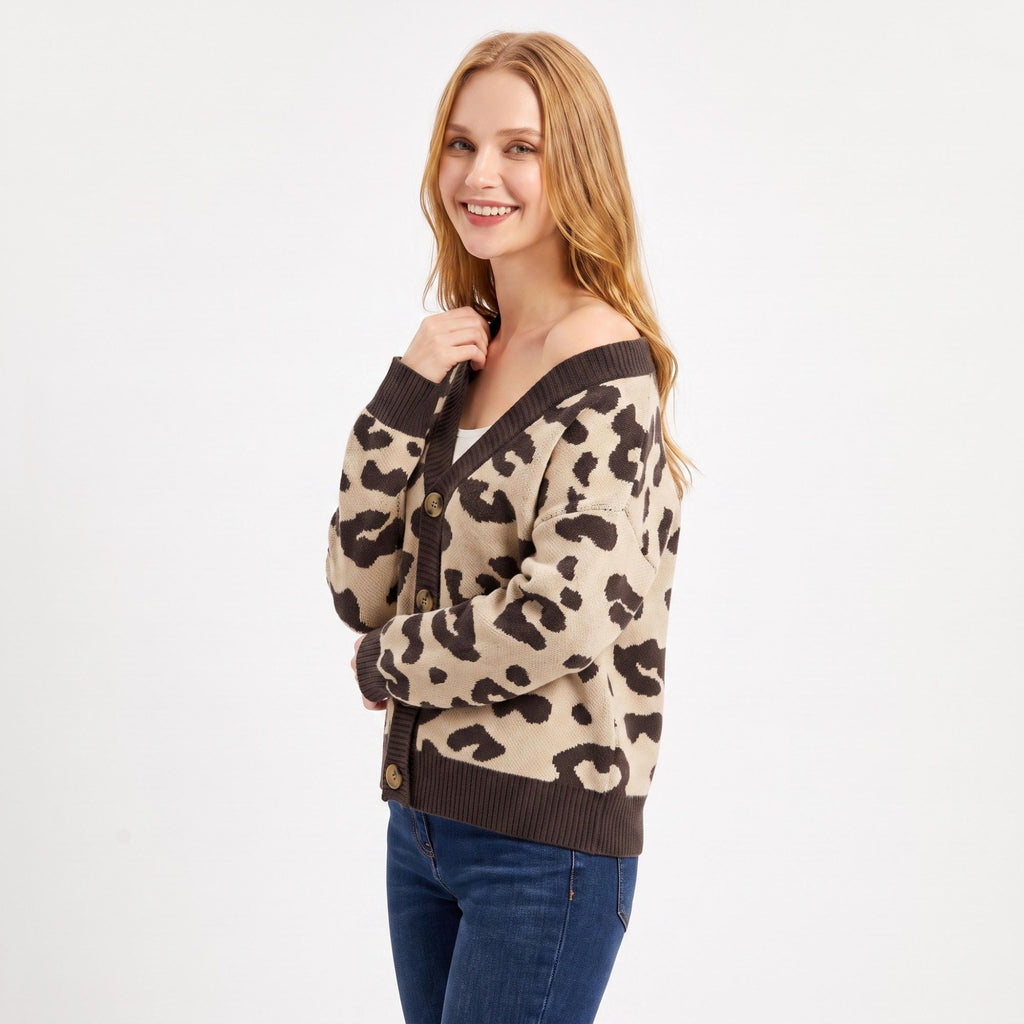 Leopard Print V-Neck Button-Front Cardigan Sweater