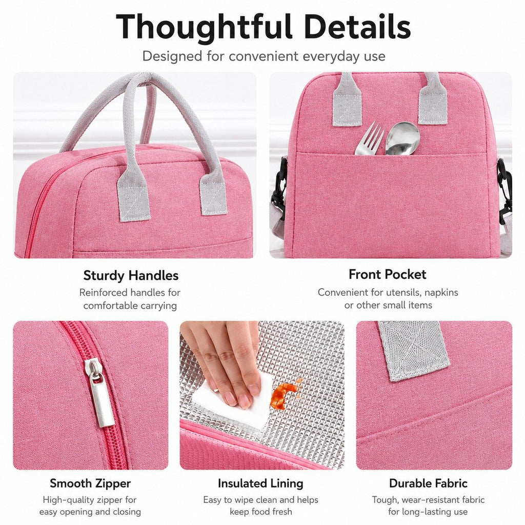 Insulated Lunch Tote Bag with Front Pocket and Adjustable Shoulder Strap