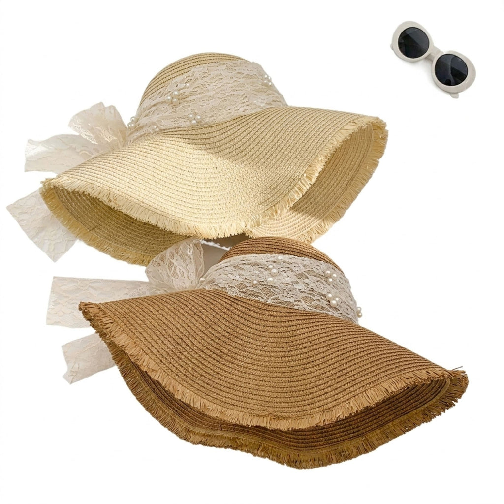 Wide Brim Sun Hat with Lace Band and Frayed Edge
