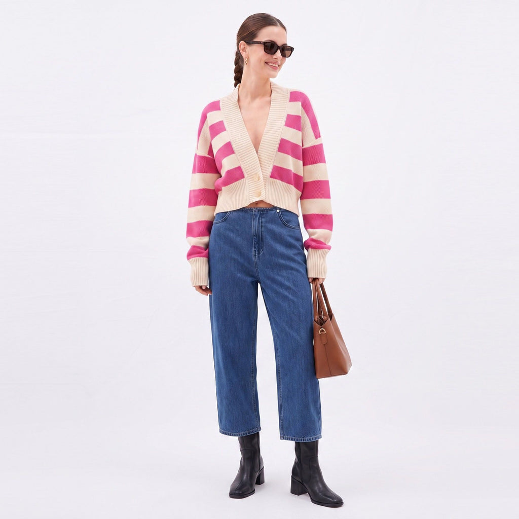 Striped V-Neck Cropped Cardigan Sweater