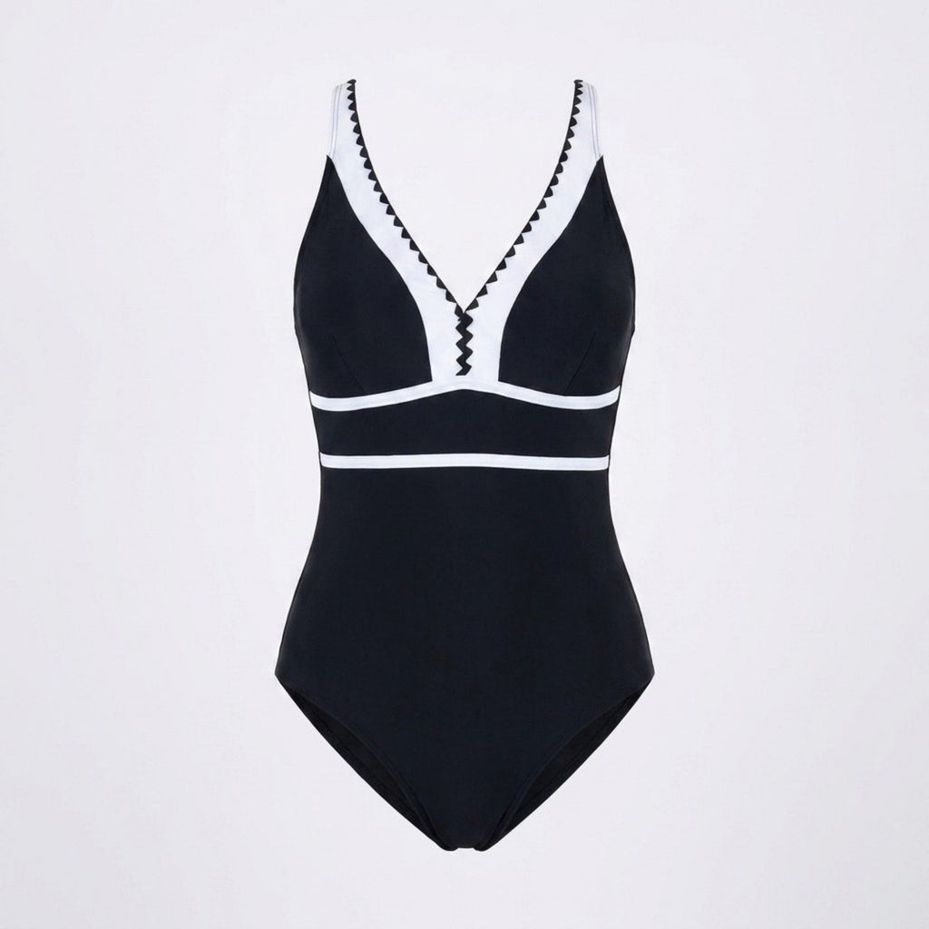 Anna-Kaci Swim Womens One Piece Swimsuit with V Neck Contrast Trim Scallop Detail and Adjustable Crisscross Straps