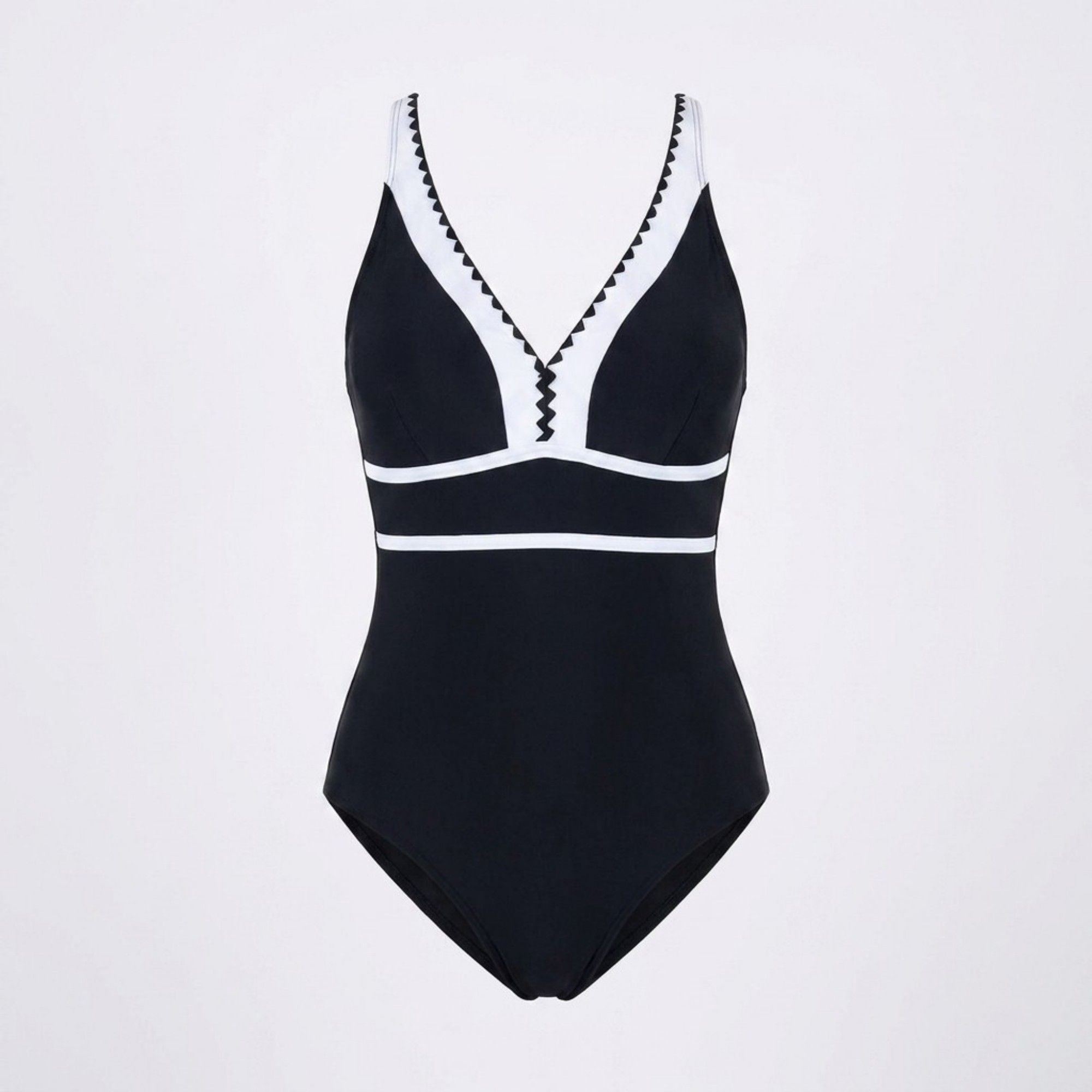 Anna-Kaci Swim Womens One Piece Swimsuit with V Neck Contrast Trim Scallop Detail and Adjustable Crisscross Straps