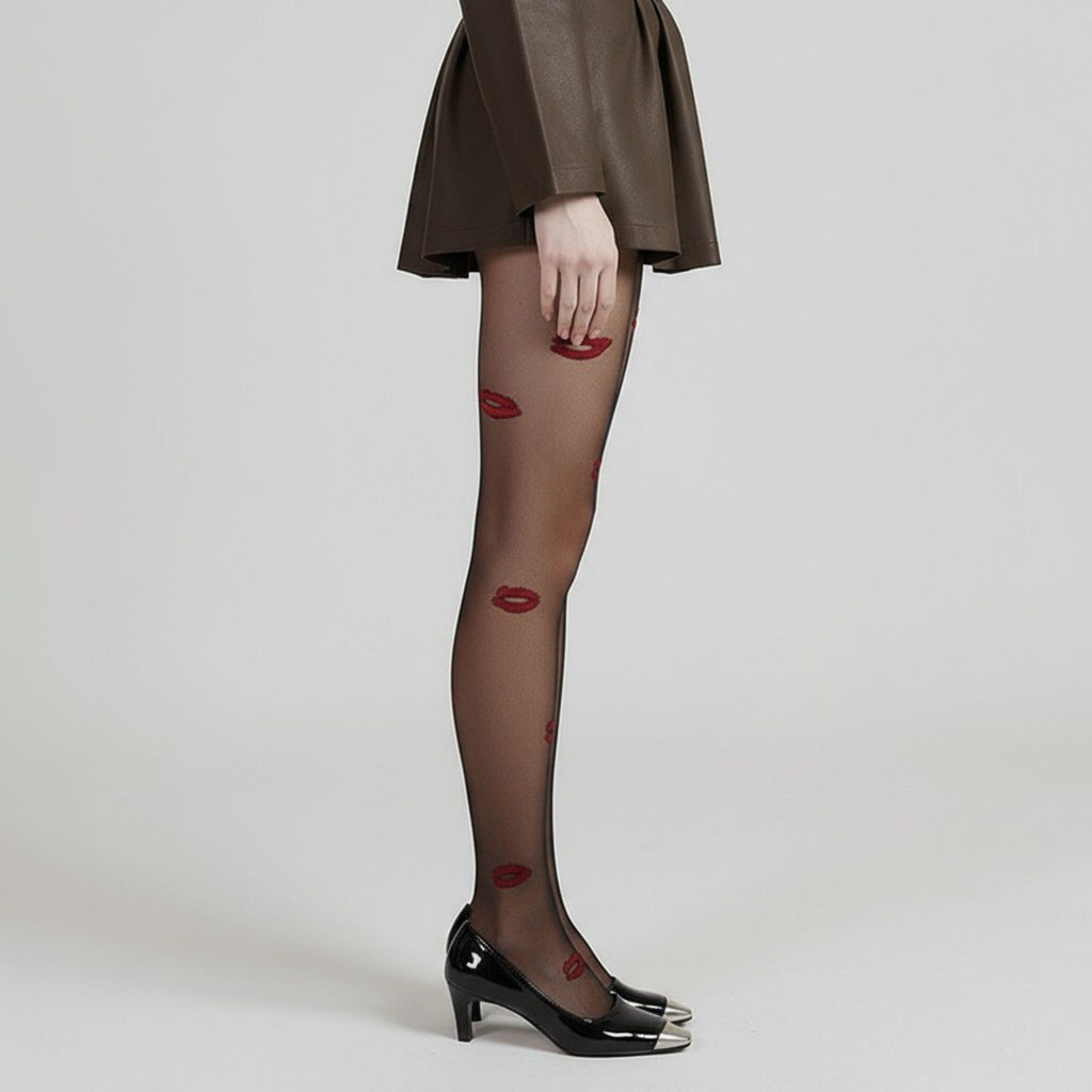 Anna-Kaci 2pcs Women's Sheer Tights with Embroidered Lip Pattern Design
