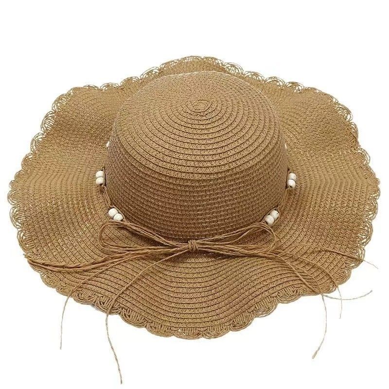 Anna-Kaci Women Straw Sun Hat Wide Brim Floppy Beach Hat Woven Scalloped Edge Adjustable Summer Hat