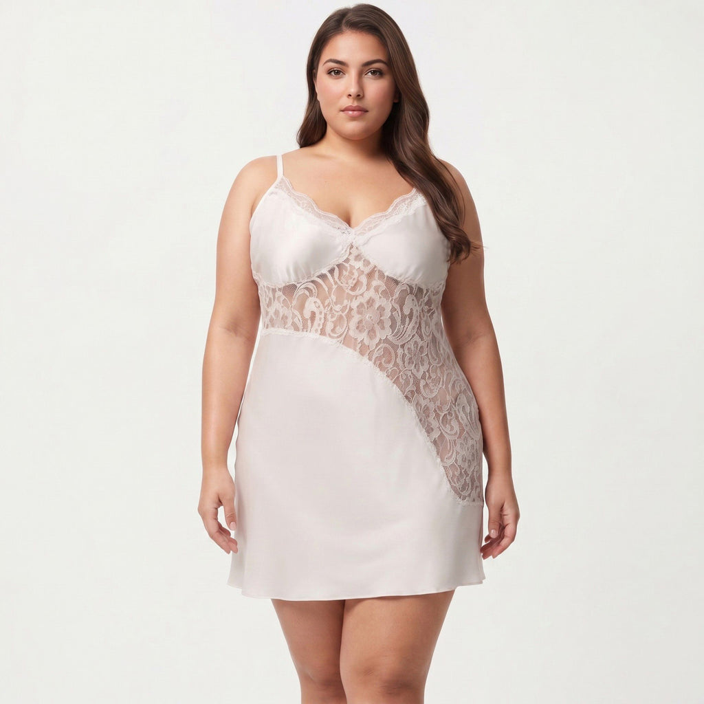 Anna-Kaci Lounge Women's Plus Size Lace Panel Chemise Slip Dress Adjustable Strap Sleepwear