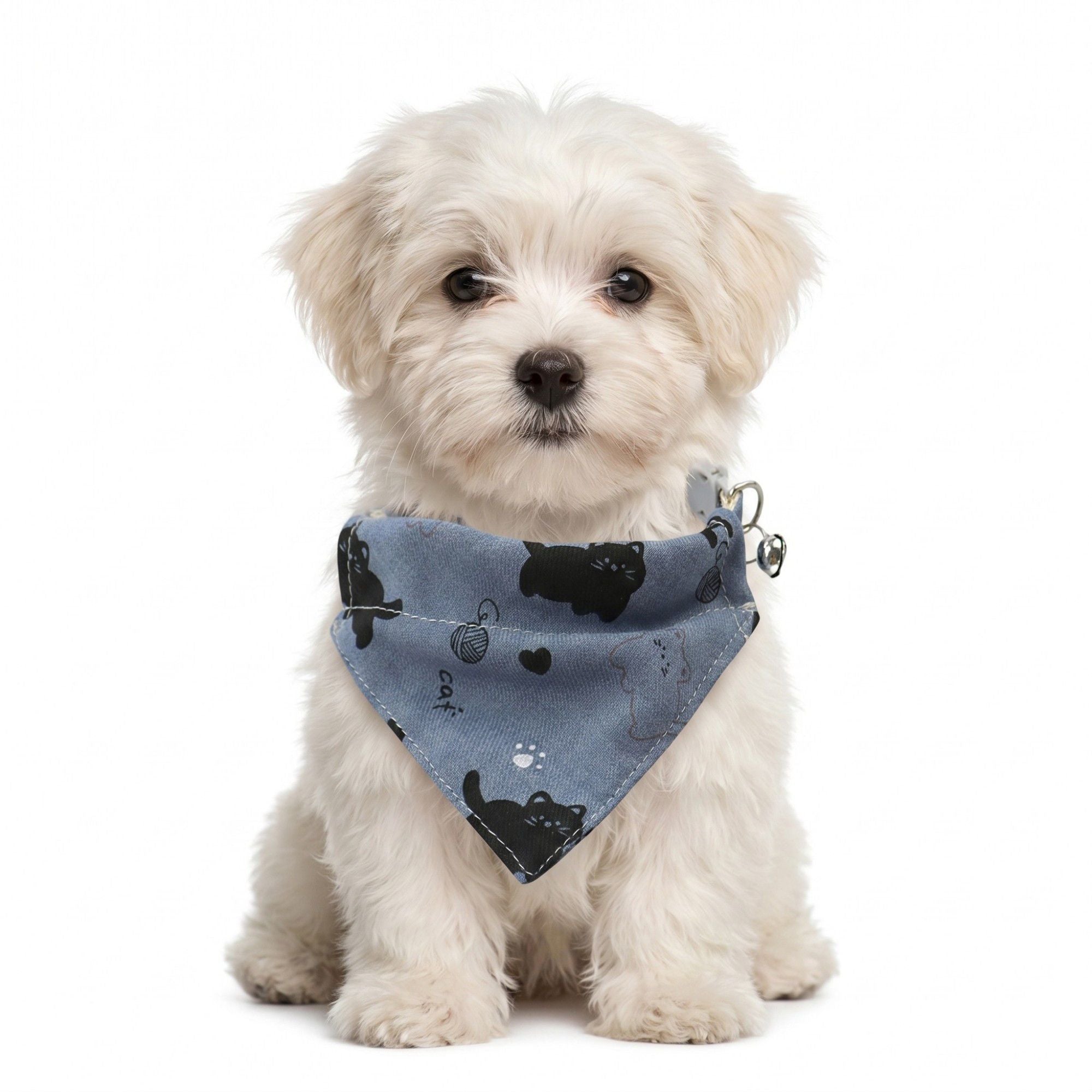 Pet Cat and Dog Bandana Collar with Bell Adjustable Cartoon Cat Print Scarf Bib