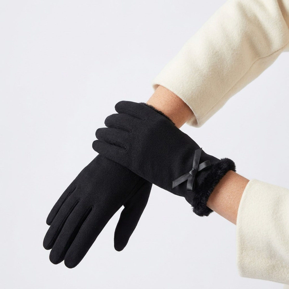 Faux Suede Winter Gloves with Faux Fur Cuffs and Bow Detail 9 x 3.3in
