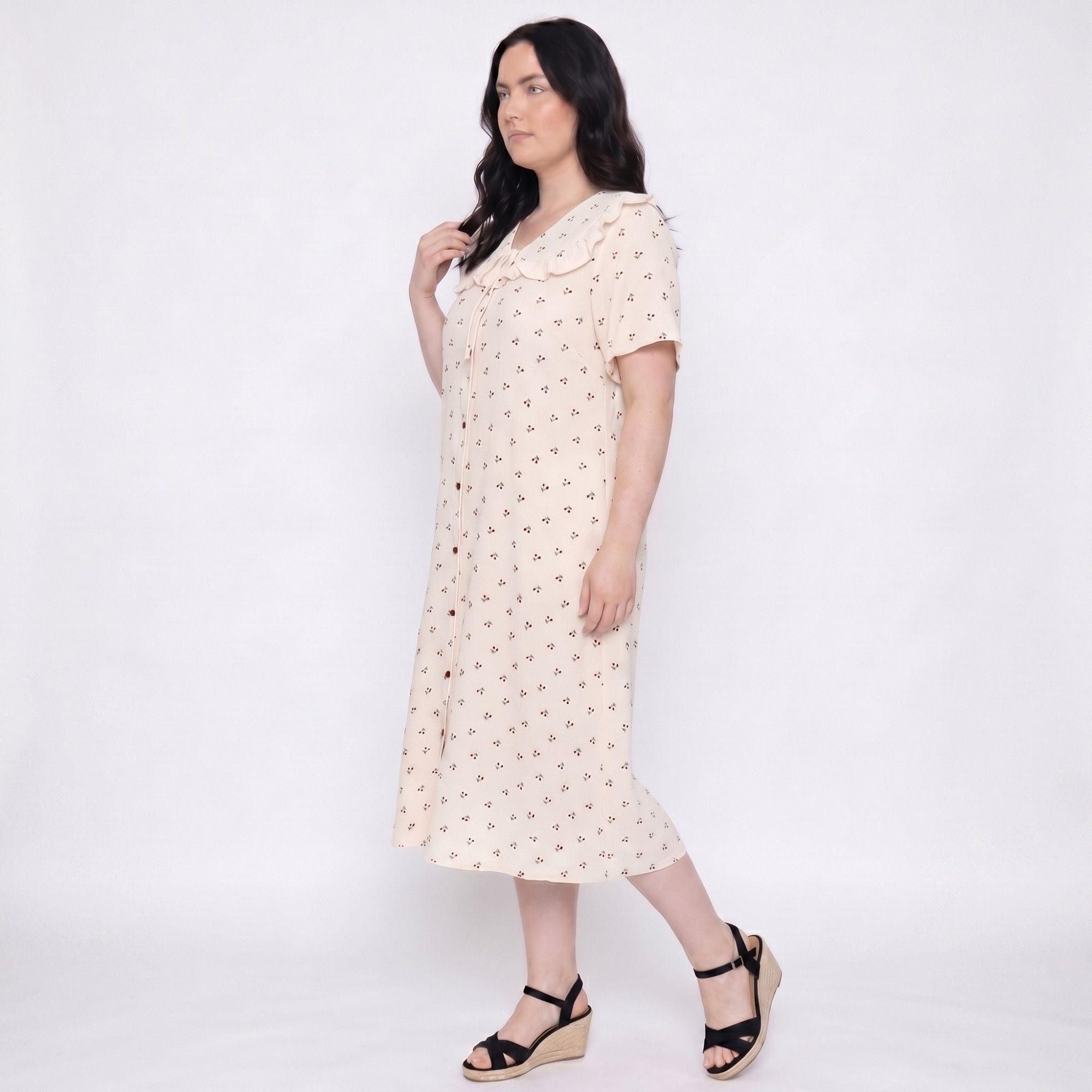 Short Sleeve Button Front Midi Nightgown Ruffle Collar Tie Neck Sleep Dress