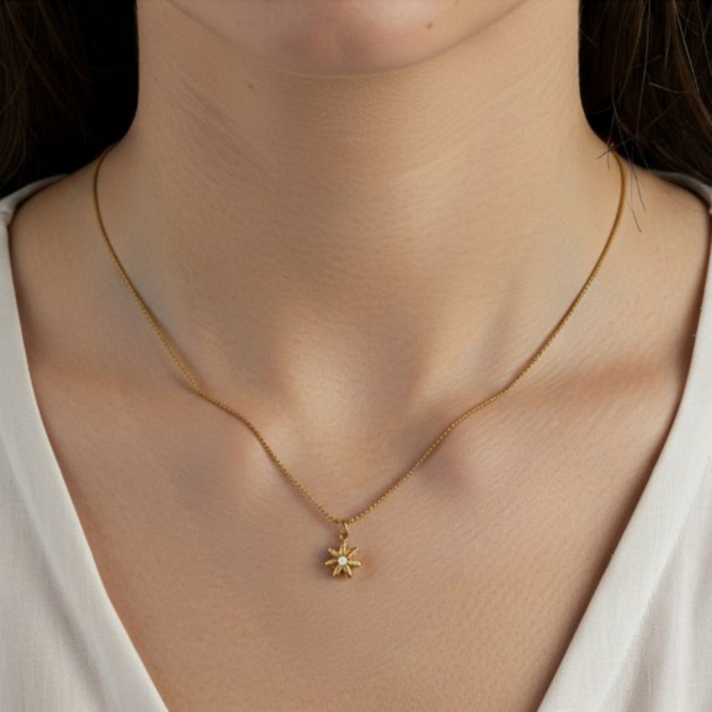 Women's Dainty Flower Pendant Necklace with Crystal Center and Fine Chain Design 18in