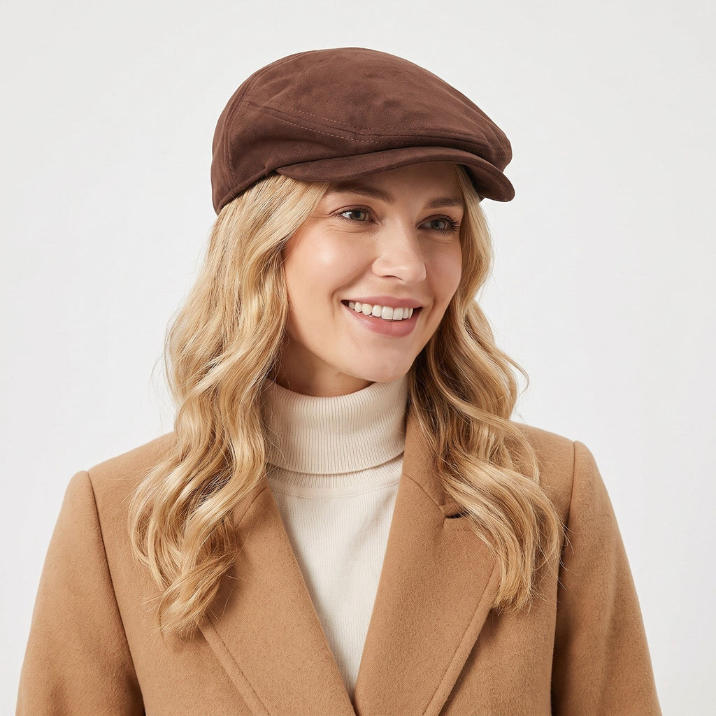 Faux Suede Newsboy Cap Short Brim Vintage Baker Boy Hat
