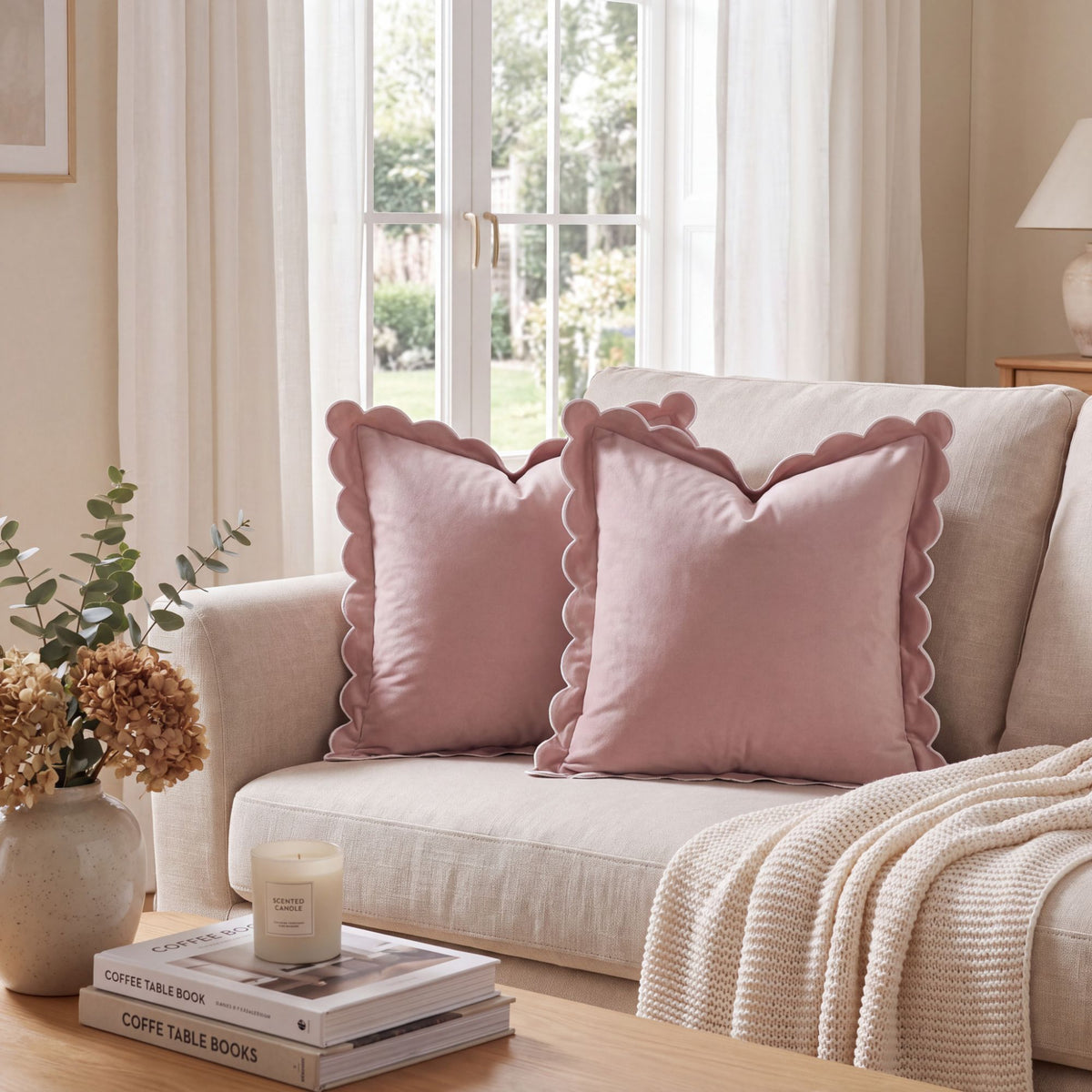 Velvet Scalloped Edge Square Decorative Throw Pillow Cover
