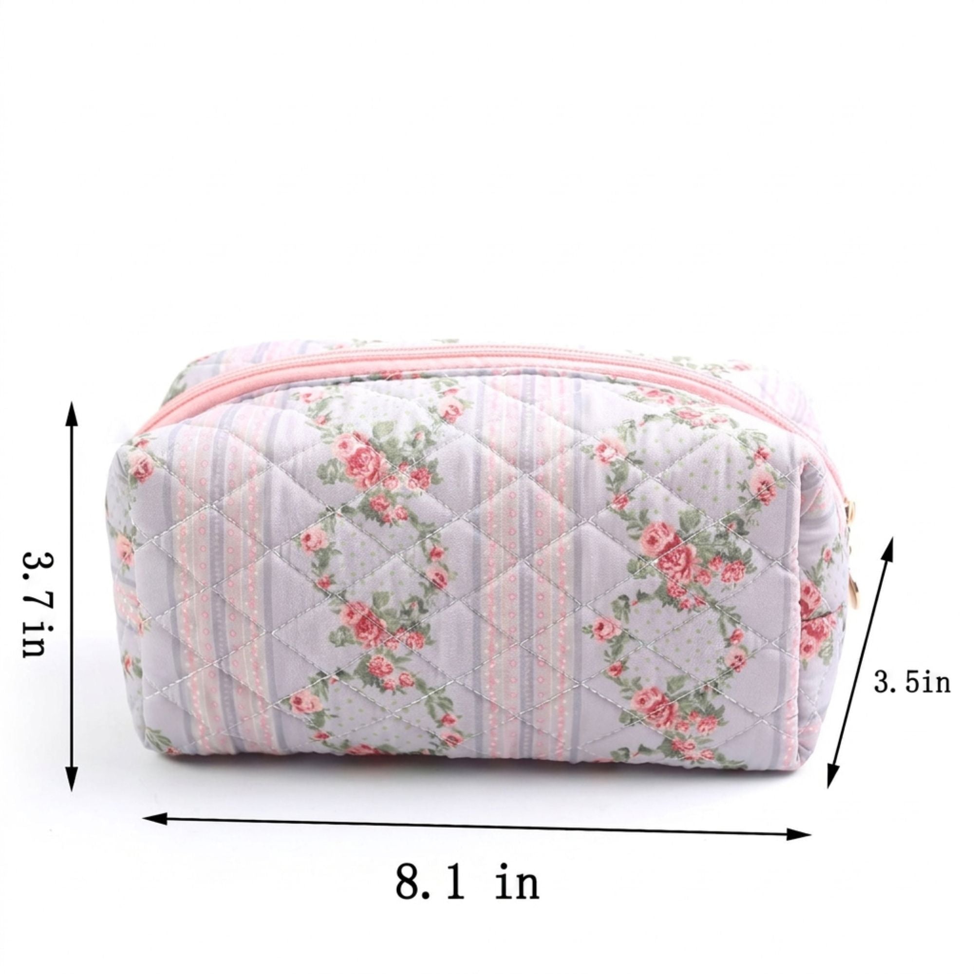 Floral Quilted Makeup Bag Travel Cosmetic Toiletry Pouch with Zipper Closure