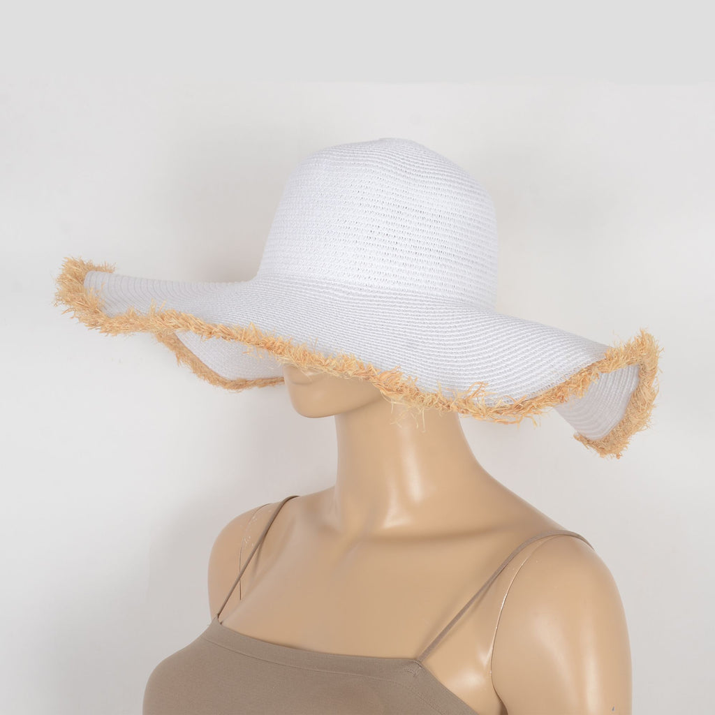 Anna-Kaci Wide Brim Straw Floppy Hat with Frayed Edges Lightweight Sun Protection for Beach Vacation Outdoor Travel Style