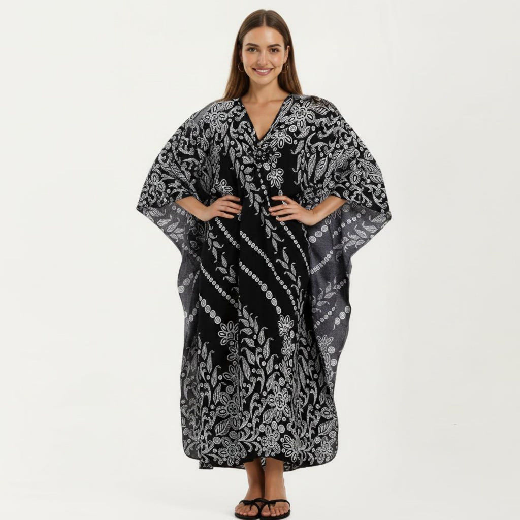 Anna-Kaci Women's Floral Print Kaftan Maxi Dress with V-Neck Button Front and Flowy Batwing Sleeves