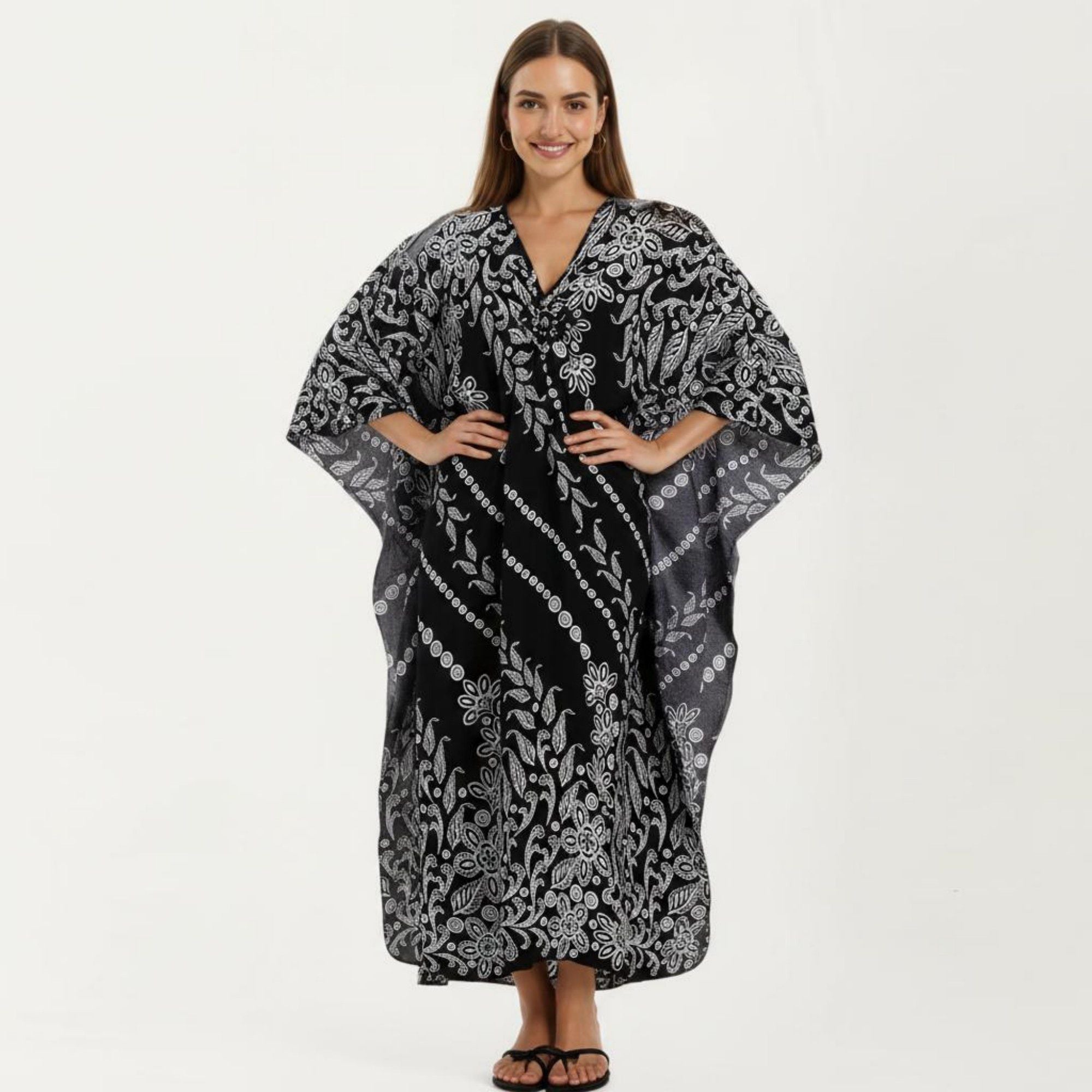 Anna-Kaci Women's Floral Print Kaftan Maxi Dress with V-Neck Button Front and Flowy Batwing Sleeves