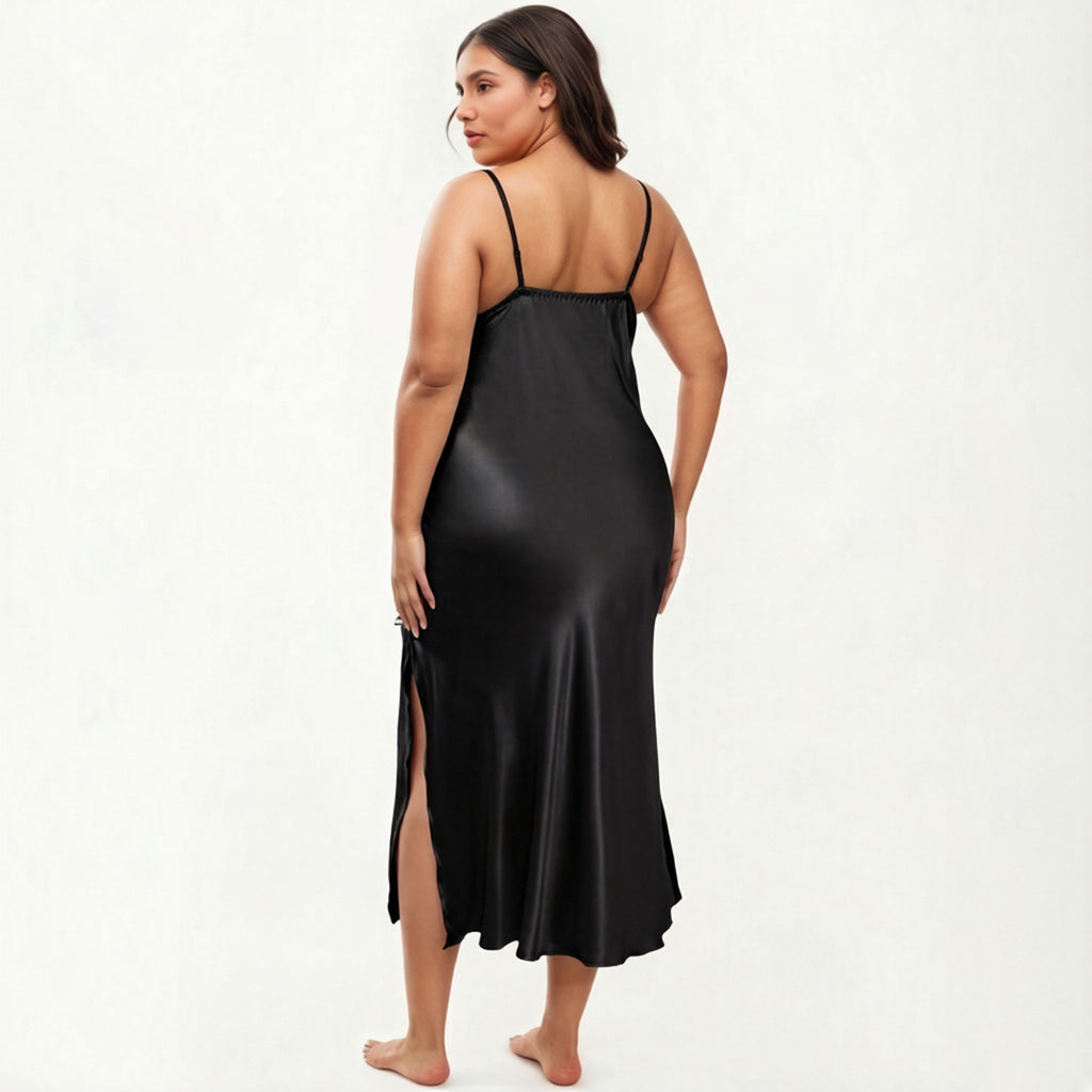 Anna-Kaci Lounge Women's Plus Size Satin Chemise Nightgown with Lace Trim Neckline Adjustable Straps Side Slit Slip Dress