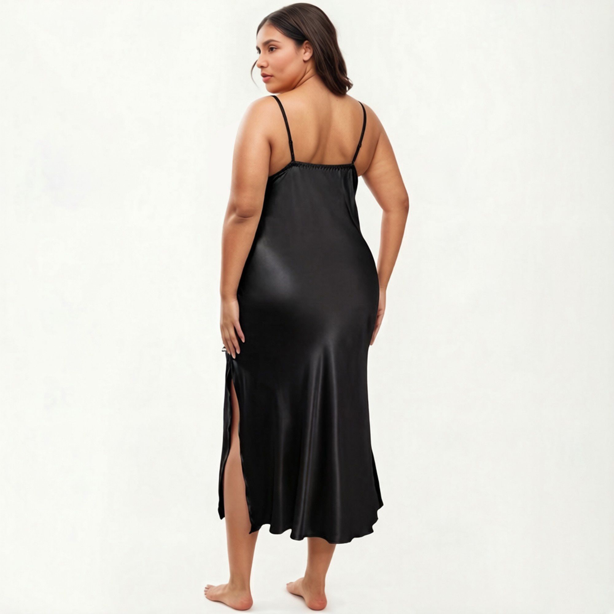 Anna-Kaci Lounge Women's Plus Size Satin Chemise Nightgown with Lace Trim Neckline Adjustable Straps Side Slit Slip Dress
