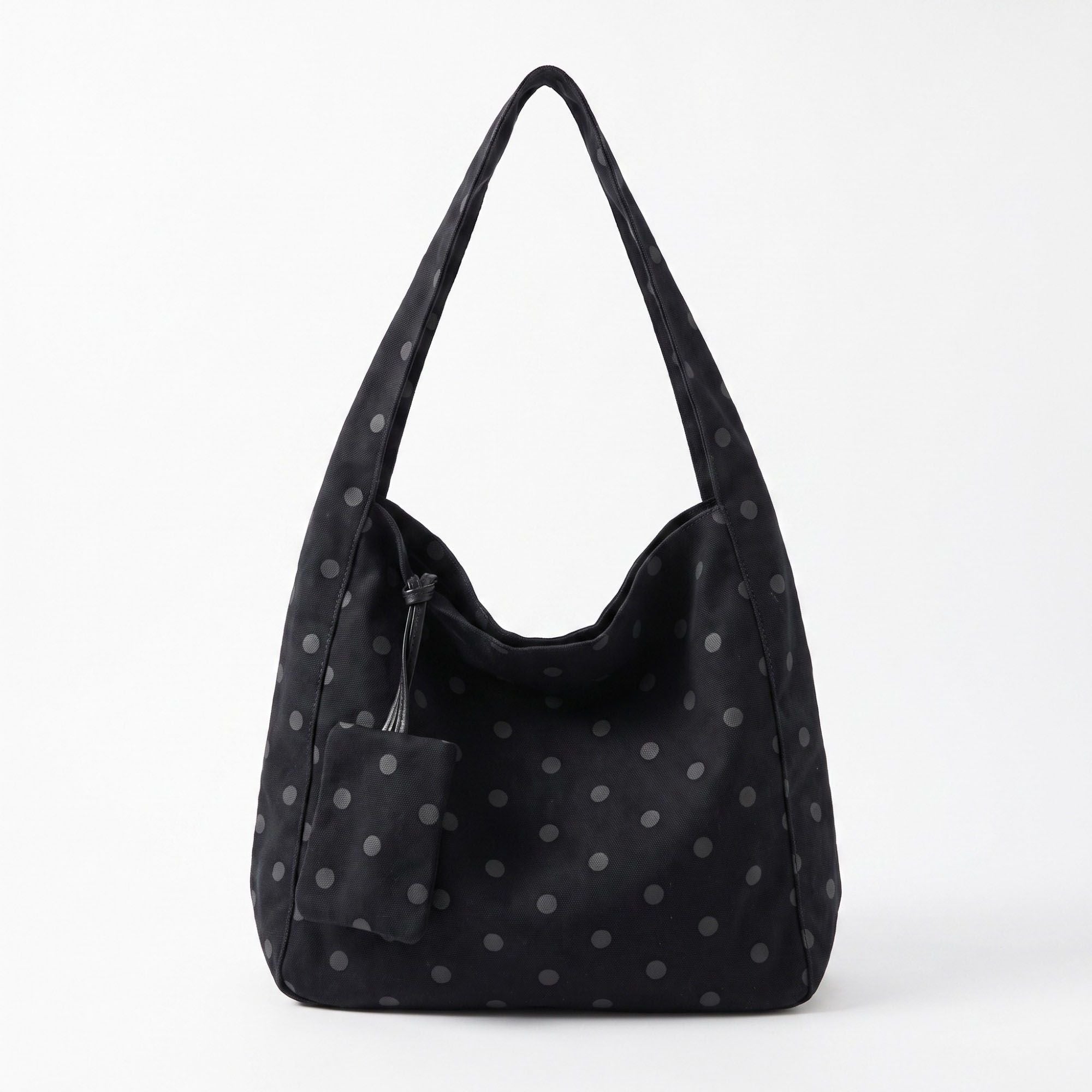 Polka Dot Hobo Tote Bag with Wide Shoulder Strap and Matching Pouch 12.5x13x5.5in