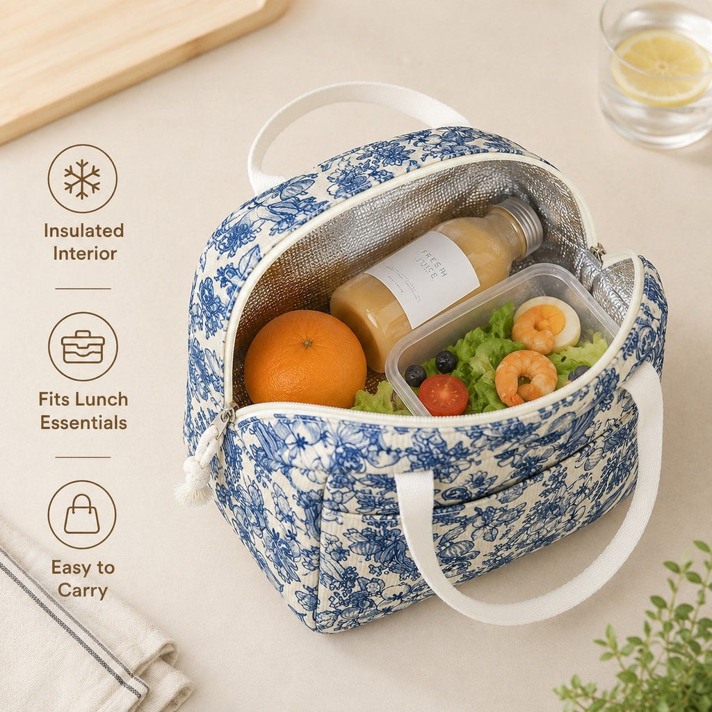 Printed Insulated Lunch Tote Bag with Double Handles and Zip Closure