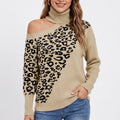 Leopard Print Cold Shoulder Turtleneck Sweater