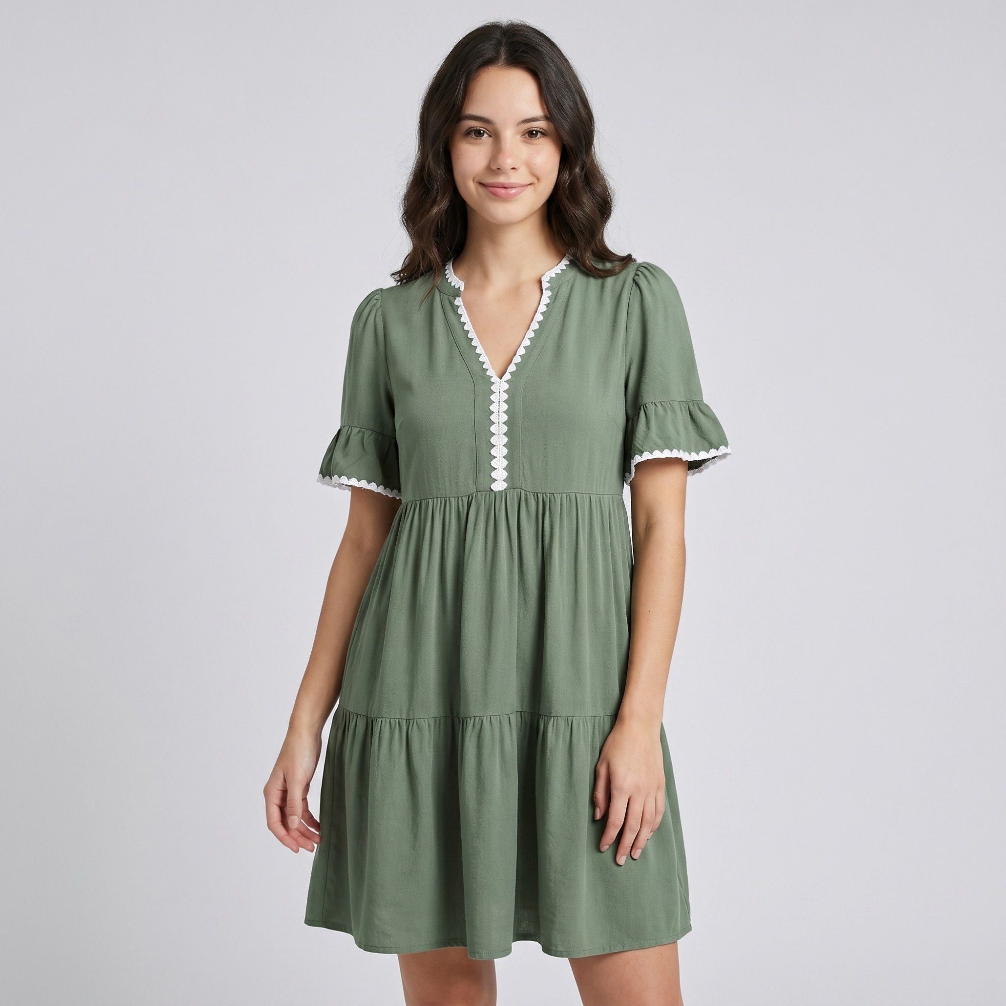 Lace Trim V-Neck Flutter Sleeve Tiered Mini Dress with Gathered Waist and Flowy Relaxed Silhouette
