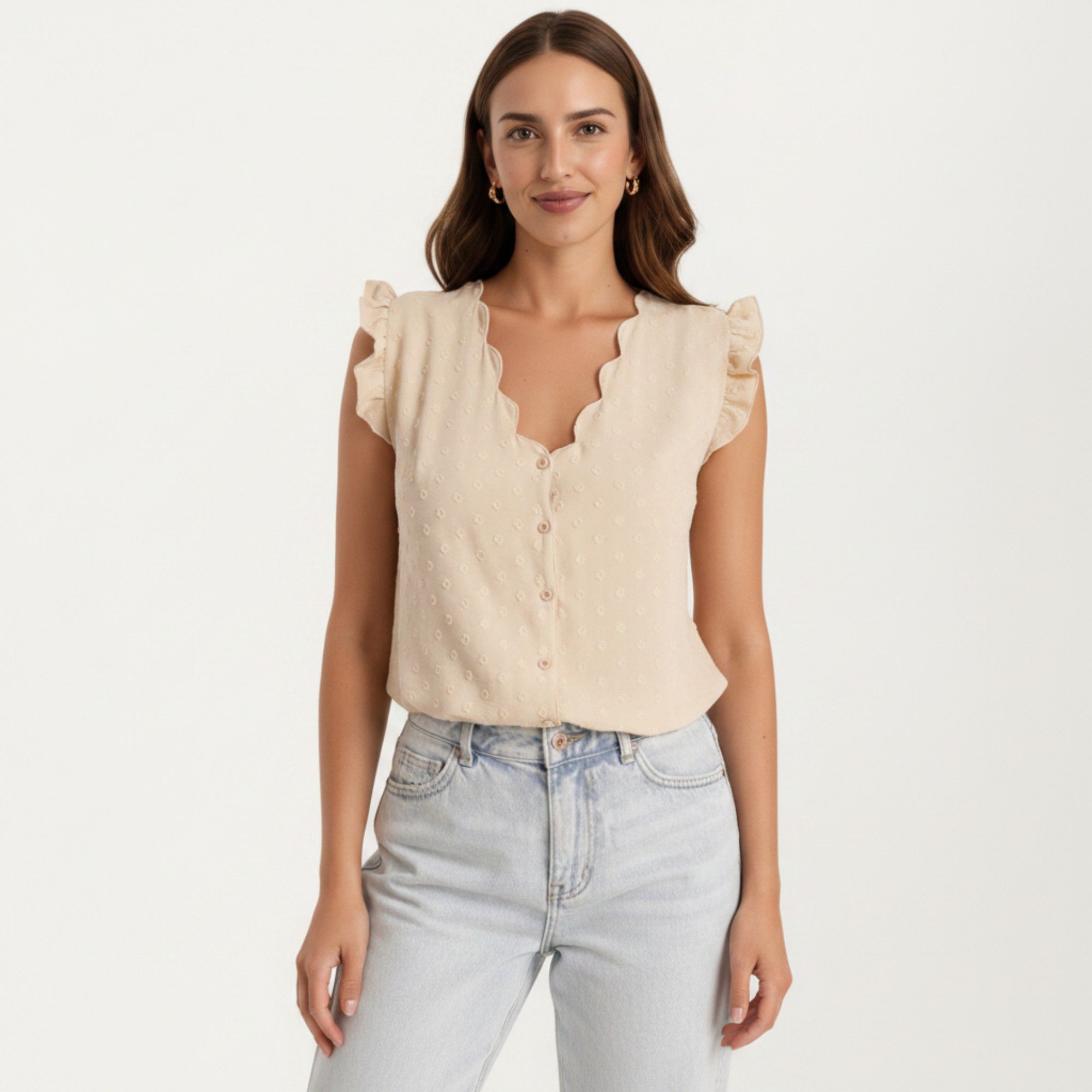Anna-Kaci Women's Sleeveless Swiss Dot Button Front Top with Ruffle Shoulders and Scalloped Neckline