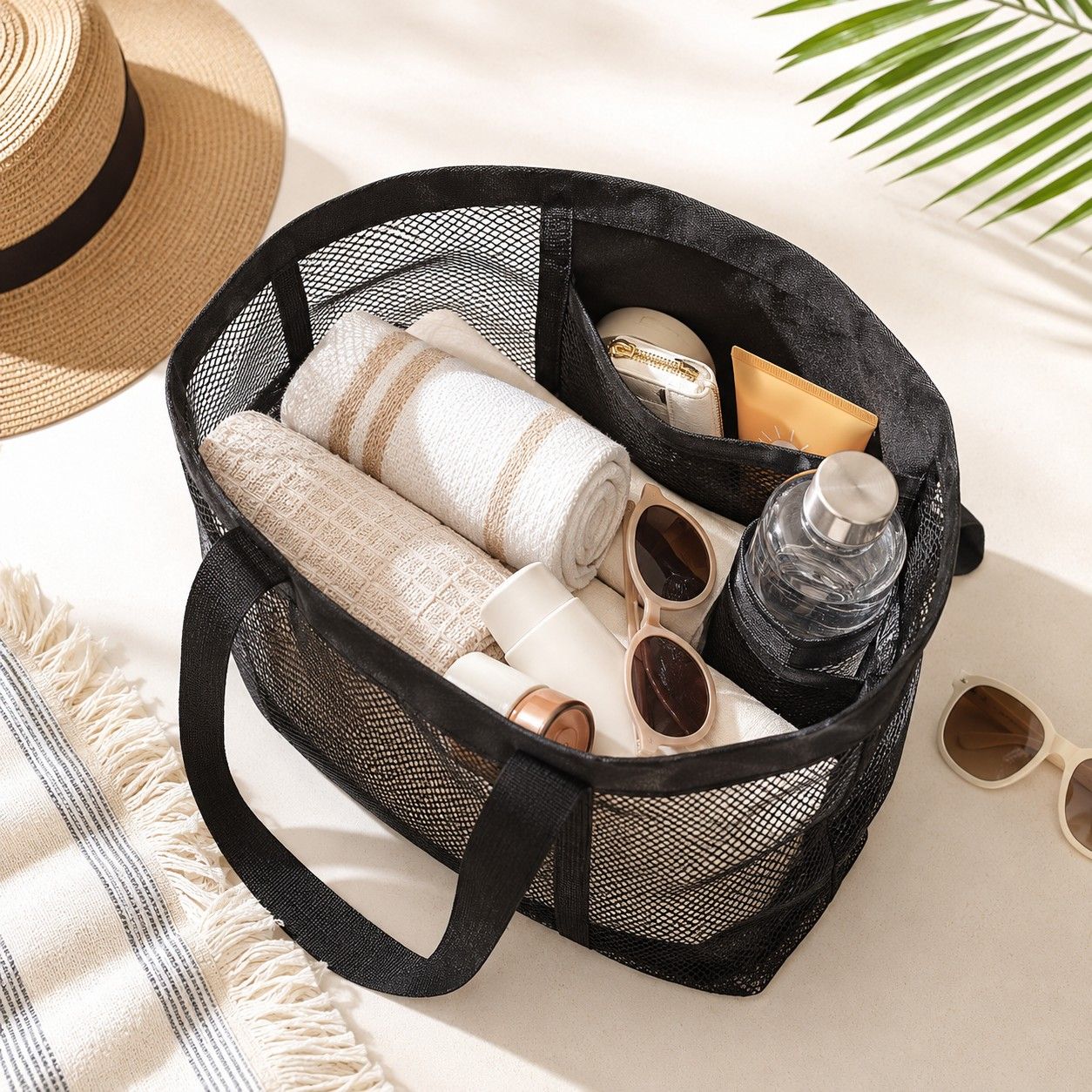 Large Mesh Beach Tote Bag with Exterior Pockets and Shoulder Handles
