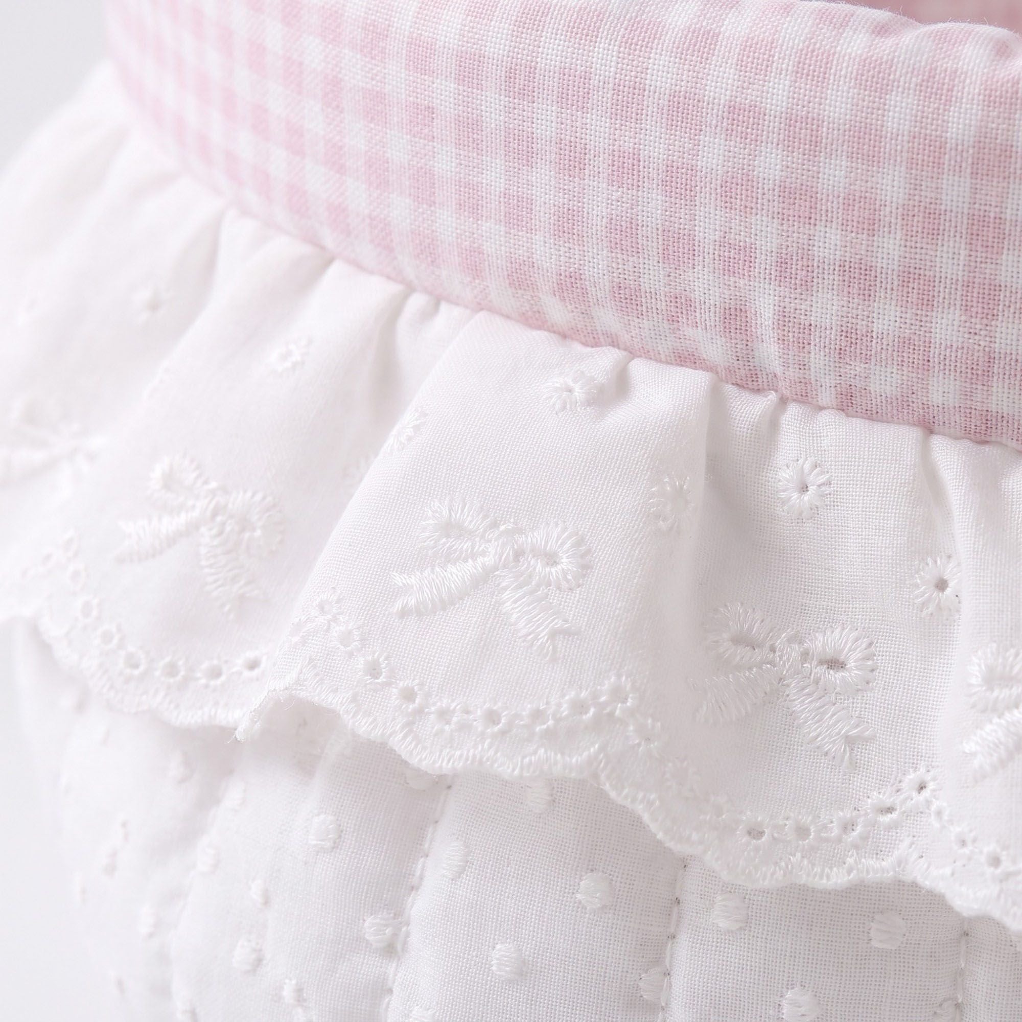 Gingham Polka Dot Quilted Storage Basket with Lace Eyelet Ruffle