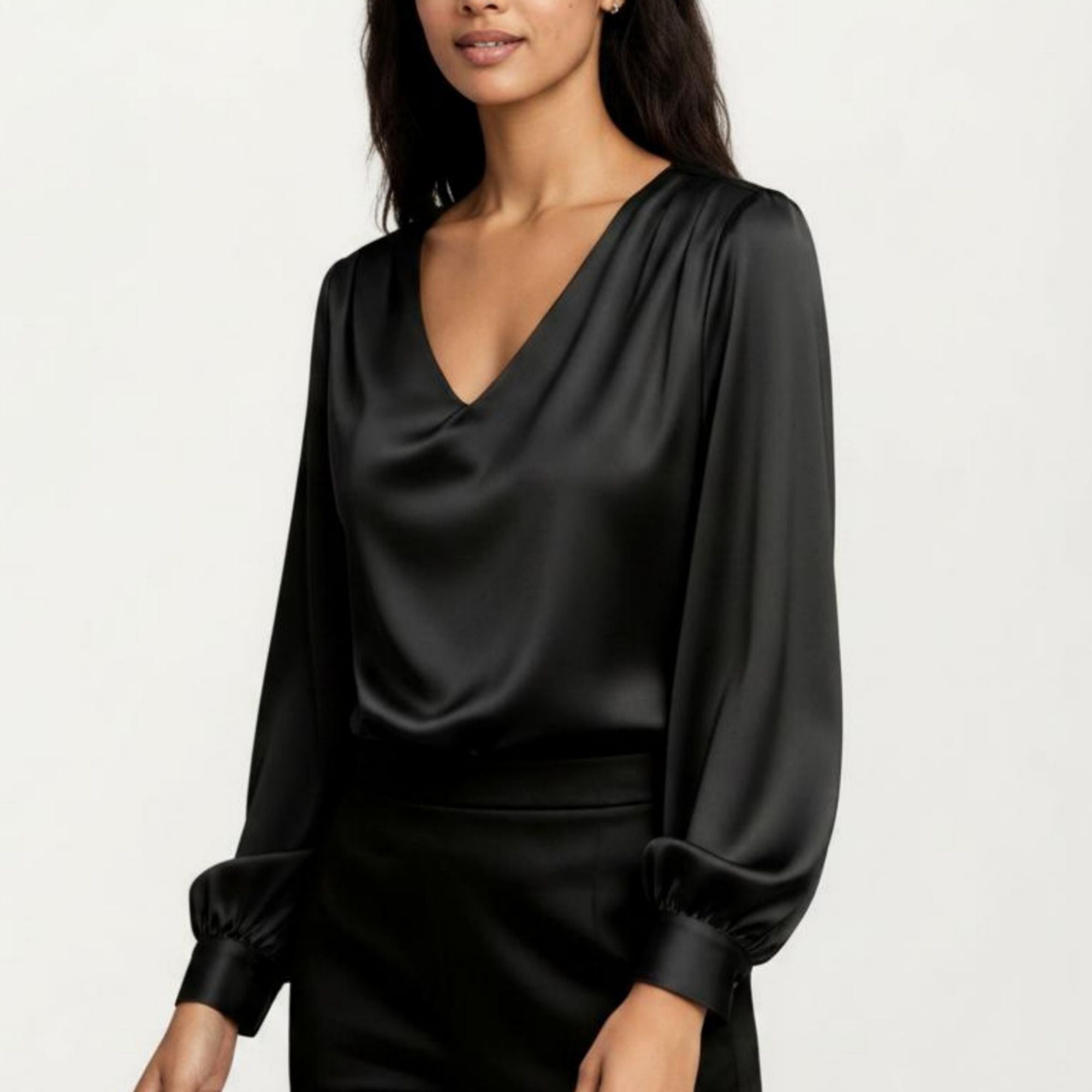 Anna-Kaci Women's Satin V-Neck Blouse with Long Balloon Sleeves and Wide Cuffs