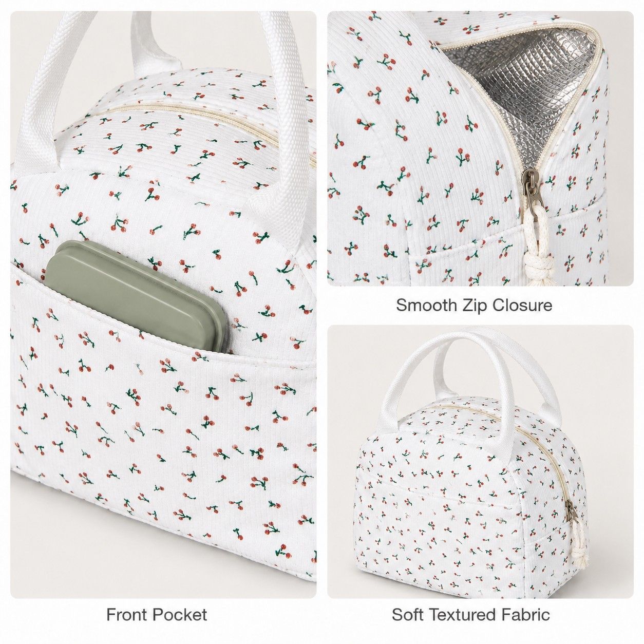 Printed Insulated Lunch Tote Bag with Double Handles and Zip Closure