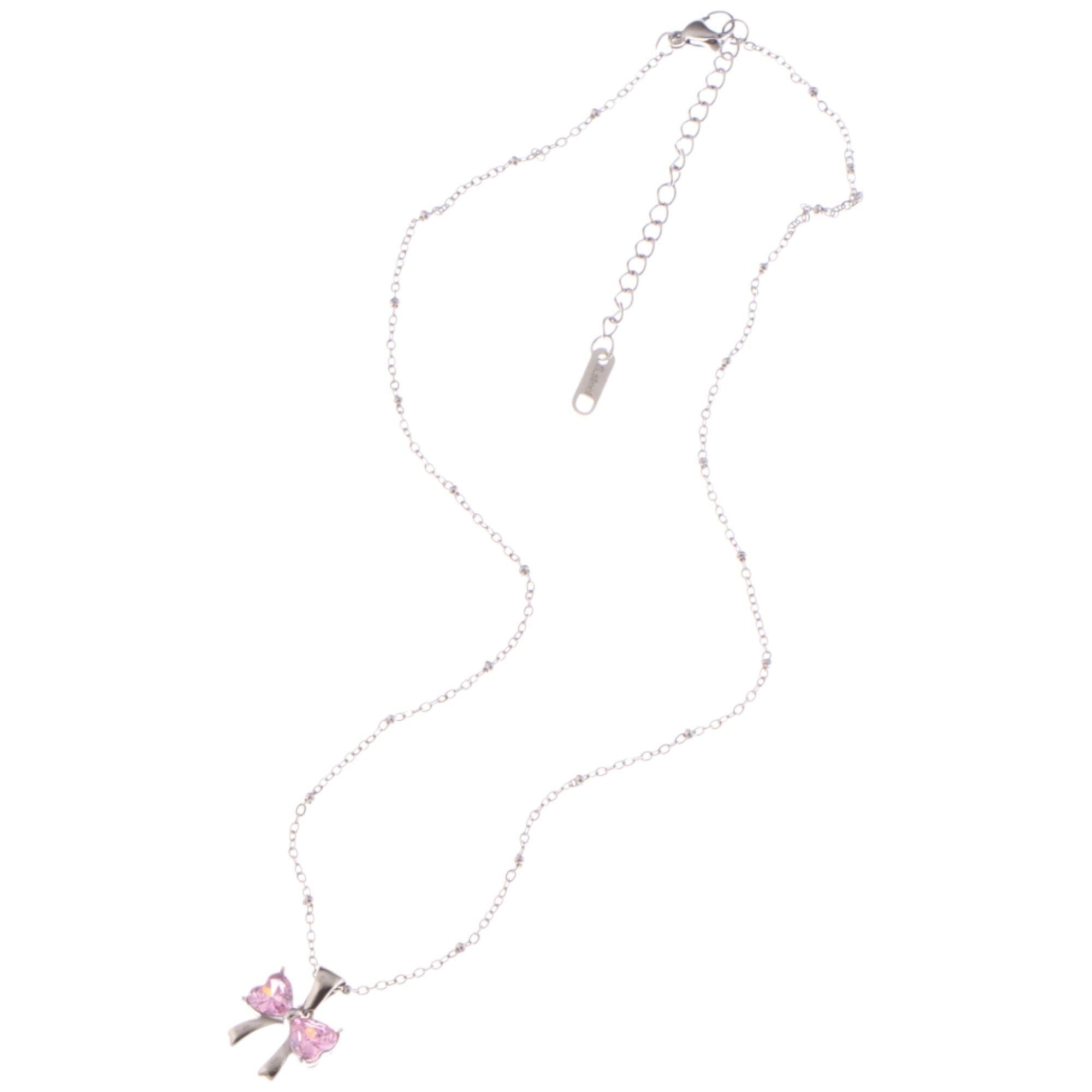 Silver Bow Pendant Fashion Necklace with Pink Gemstone Accents