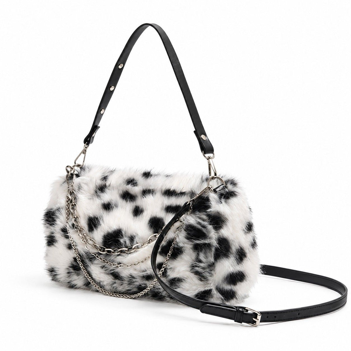 Fluffy Faux Fur Dalmatian Print Shoulder Bag with Chain Detail